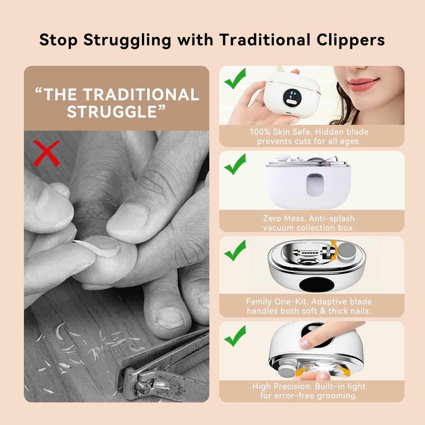 Electric Nail Clipper for Seniors & Adults - Dual-Blade 3-in-1 Automatic Nail Trimmer for Thick Nails with LED Light, Quiet 3-Speed Rechargeable Cutter with Debris Storage