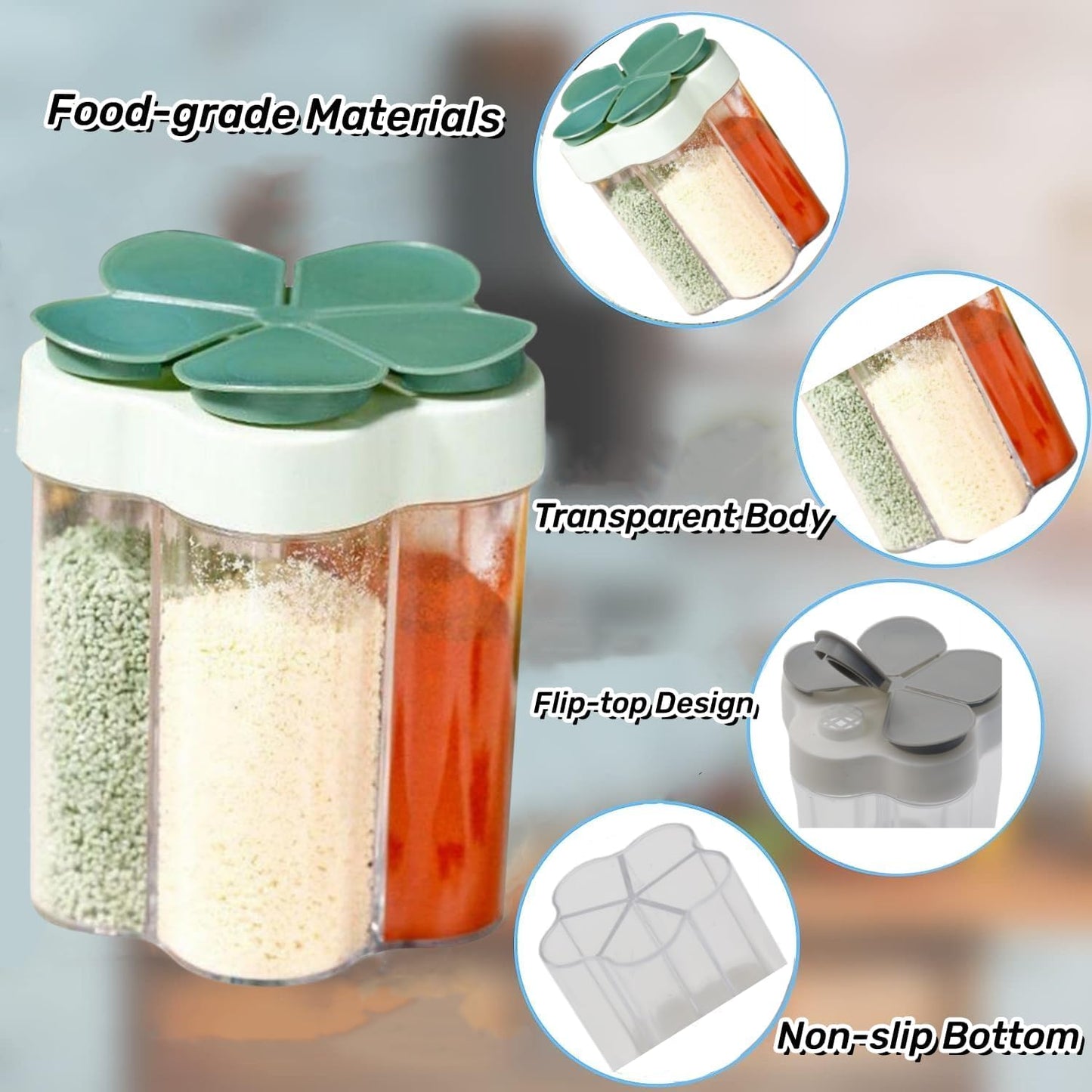 2 Pcs 5 in 1 Spice Containers, Multi-Spice Dispenser, Portable Travel Seasoning Condiment Containers, Salt Pepper Spice Shaker with Lid and Labels Clear Container Jars