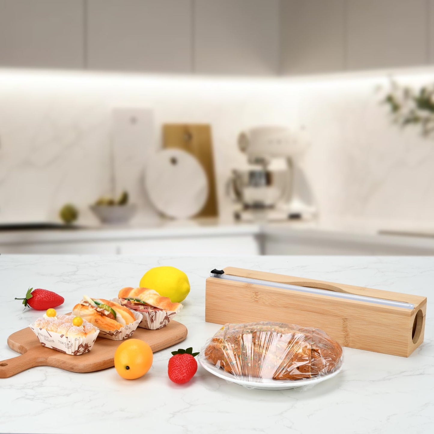 Plastic Wrap Dispenser with Cutter,Cling Wrap with Slide Cutter for Kitchen Storage Organization Holder for 12" Roll