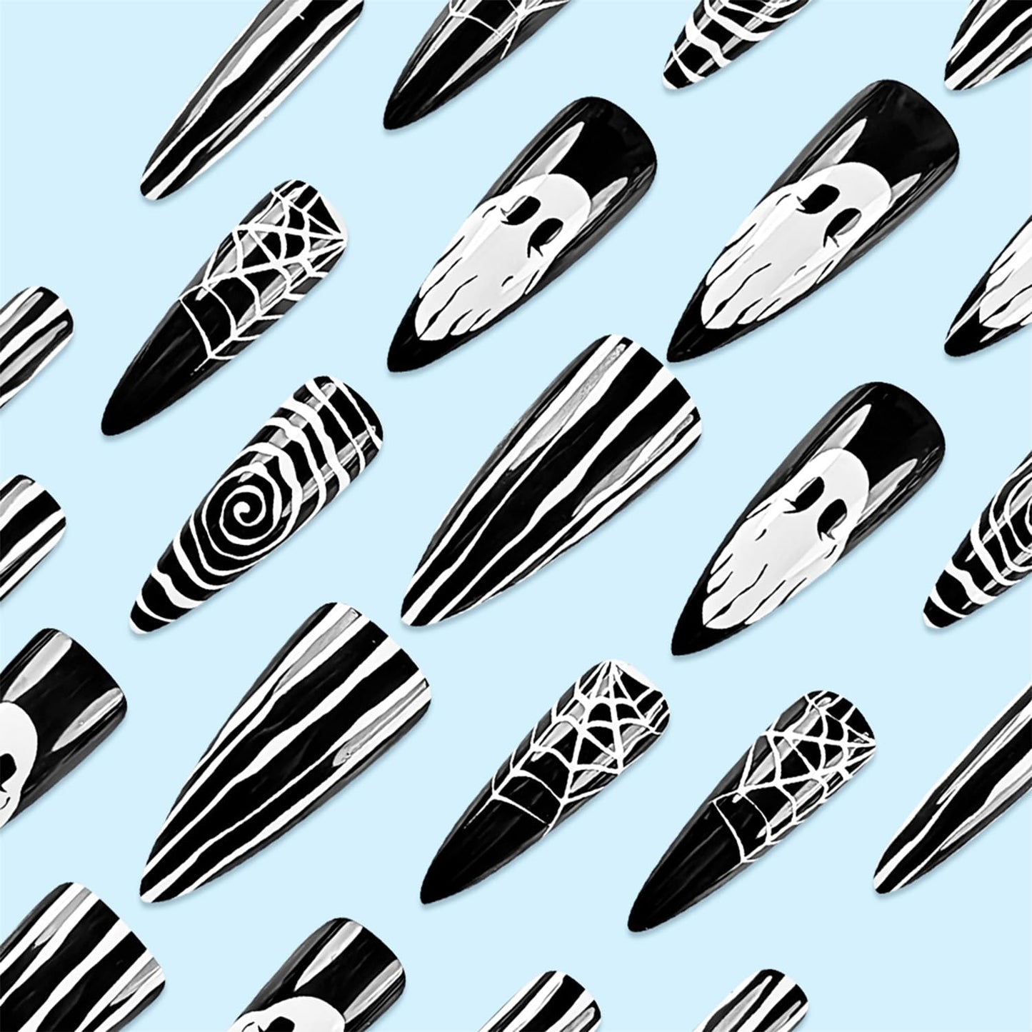 24pcs Halloween Press on Nails Long Almond Fake Nails with Designs White Ghost False Nails Kit Spider Web Glue on Nails Black Full Cover Stick on Nails for Women Holiday Nail Art Decoration