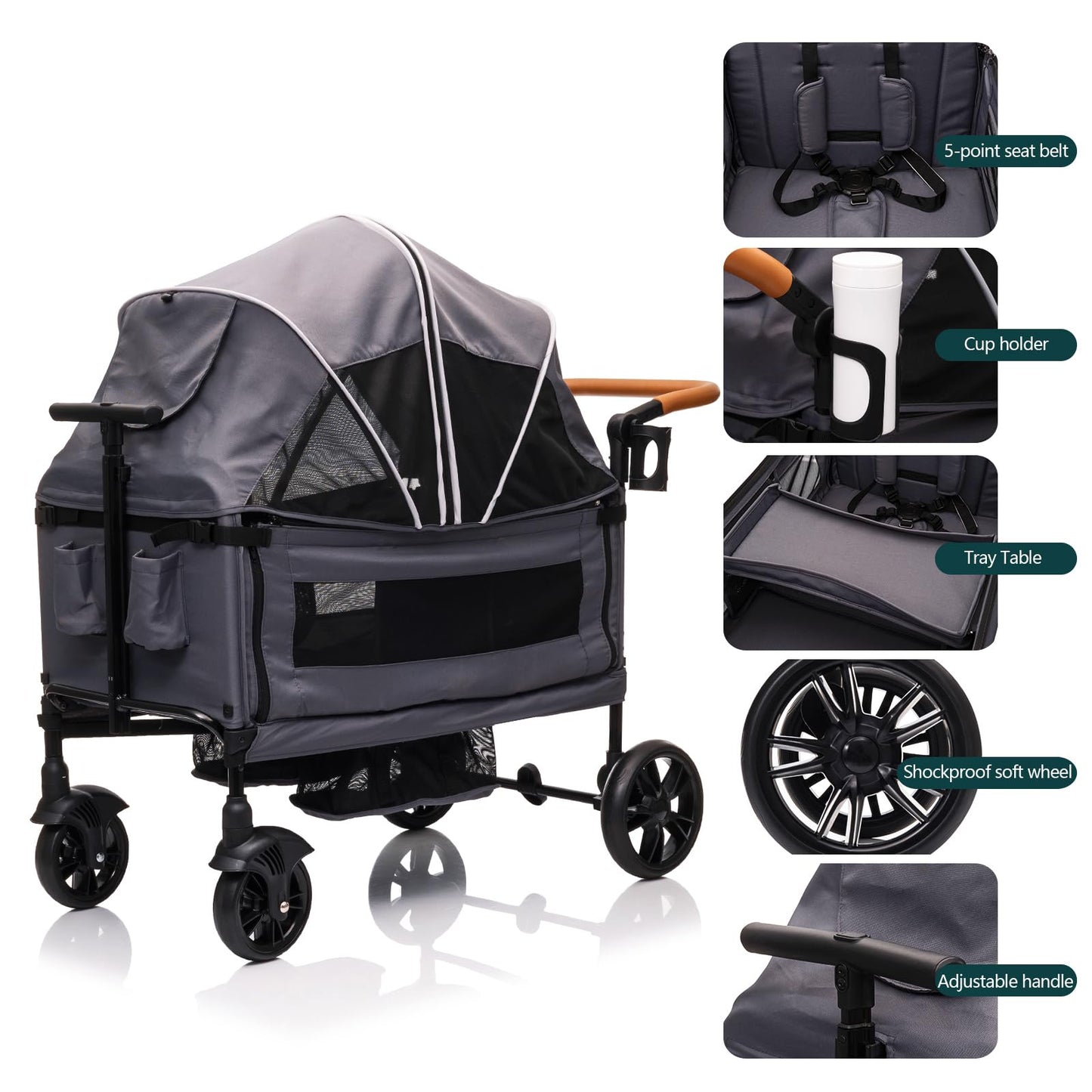 Luxury Wagon Stroller for 2 Kids & Cargo-Lightweight Foldable Travel Push Pull All-Terrain Double Wagon for Newborn&Toddler with 5-Point Harness,Adjustable Handle, Canopy,Tray Table,Cup Holder