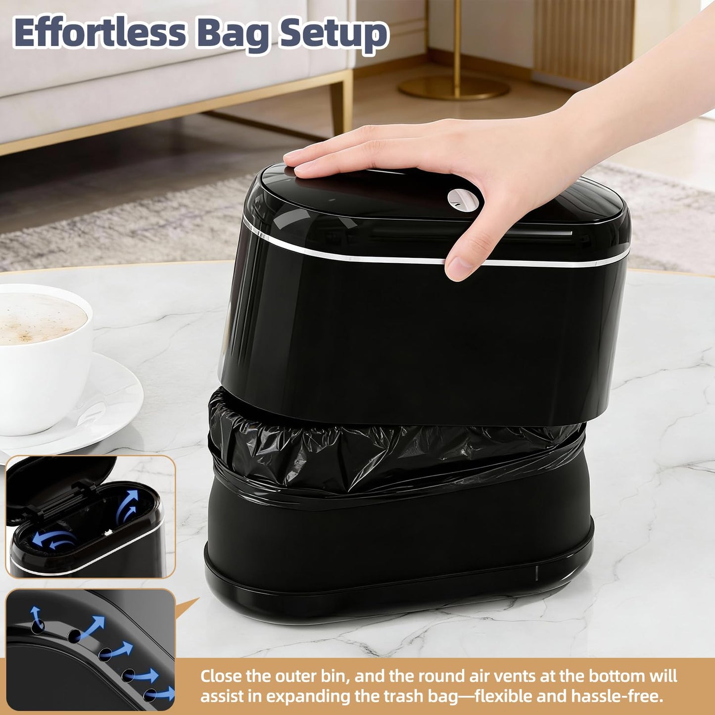 PAVSTINE Mini Trash Can for Desk with 5 Rolls of Trash Bags, Small Press-Top Countertop Garbage Bin, Removable Waste Basket for Bedroom, Vanity, Coffee Table, Kitchen (Black Full-Lid)