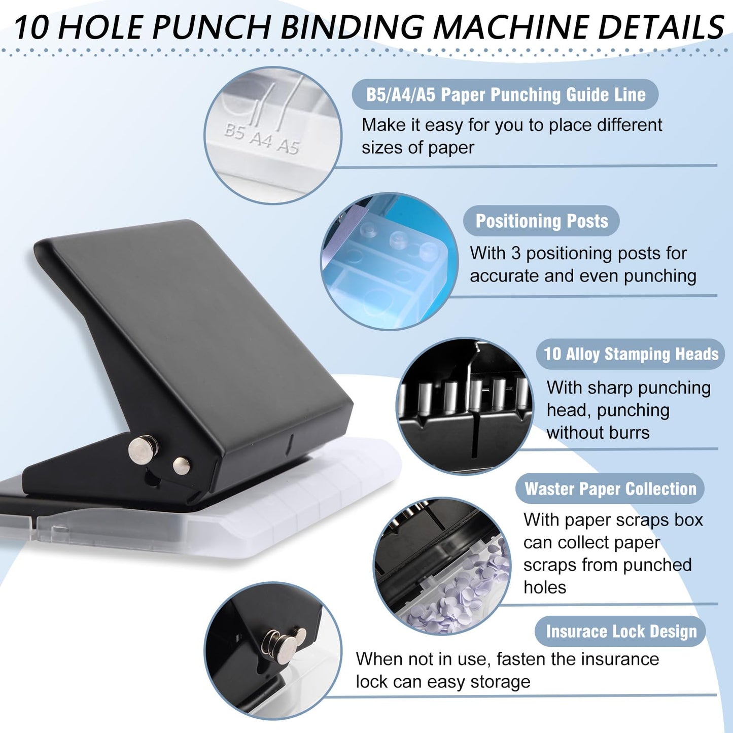 10 Hole Punch Binding Machine for Planner, Metal Binder Machine Kit with 10Pcs Plastic Comb Binding Spines & 30Pcs Loose Leaf Binder Rings, Binder Hole Puncher for A4, A5 and B5 Paper