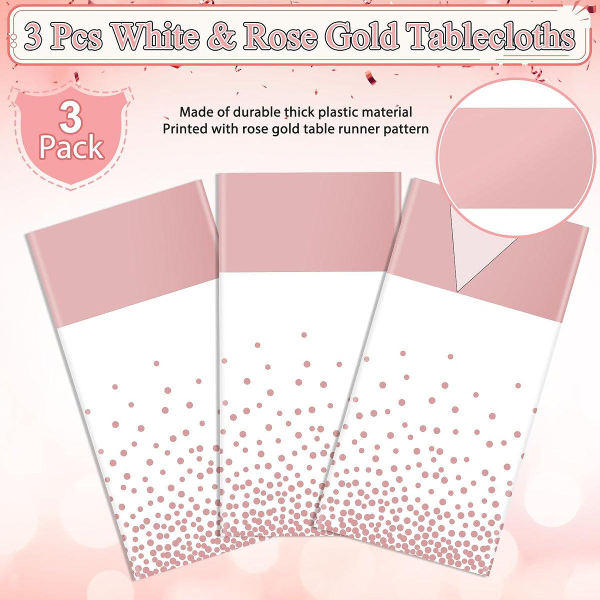 3Pcs White and Rose Gold Tablecloth Party Decorations,Plastic White Table Cloth Printed Rose Gold Table Runner Disposable Rectangle Cover for Birthday Anniversary Wedding Grad Party,54 x108 Inch