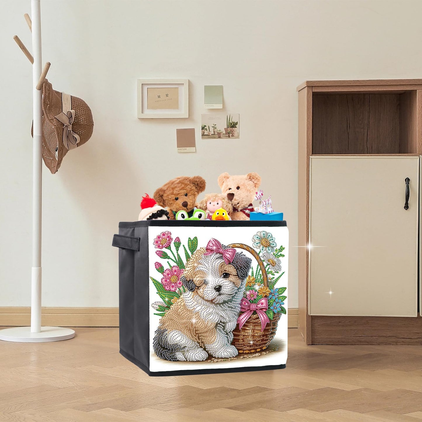JZHYOAN Dog Diamond Art Large Storage Basket with Baseplate, Foldable Dispenser Cubes, DIY Special Pattern Large Storage Cubes, Living Room Bedroom Home Office Organization Box