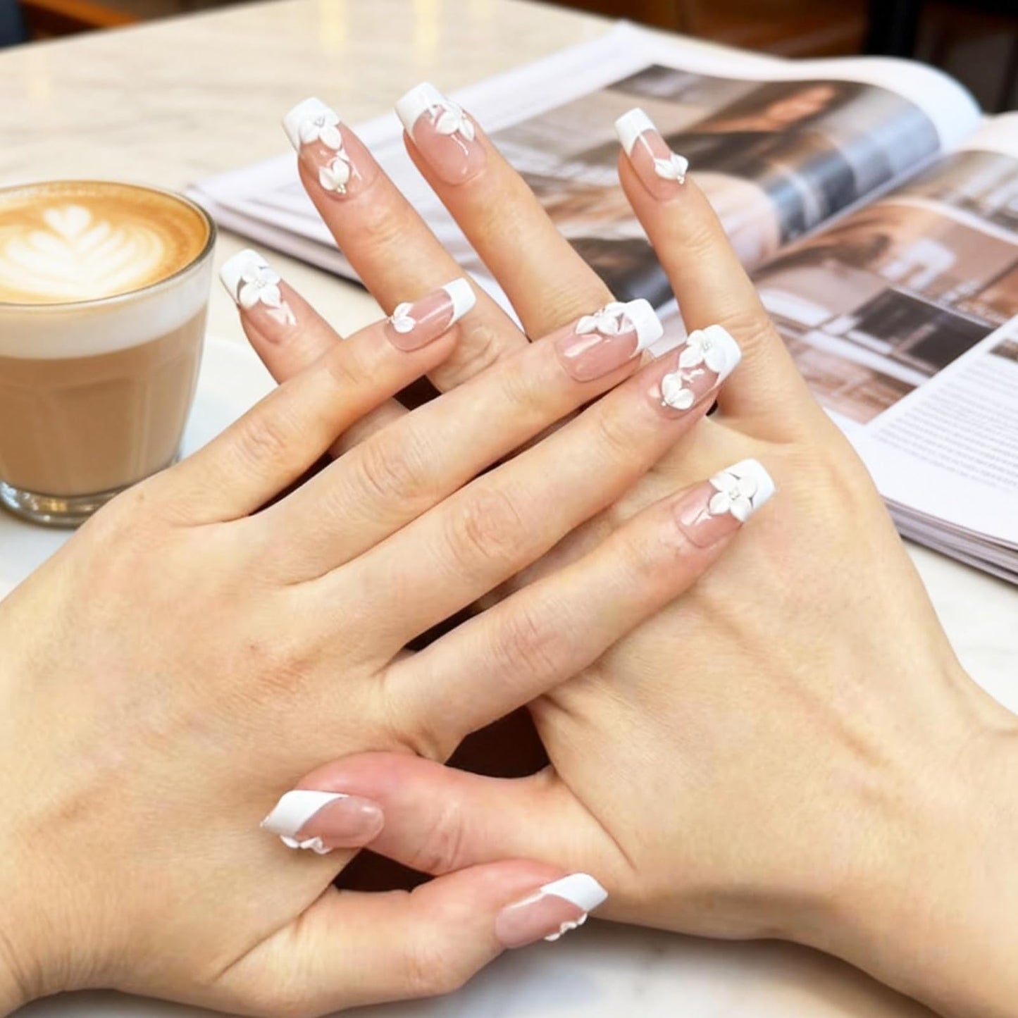 Handmade Press on Nails Short Coffin - French Tip Acrylic Fake Nails with 3D White Flower Designs, Elegant & Simple False Nails, Salon-Quality DIY Nail Art（M-10PCS)