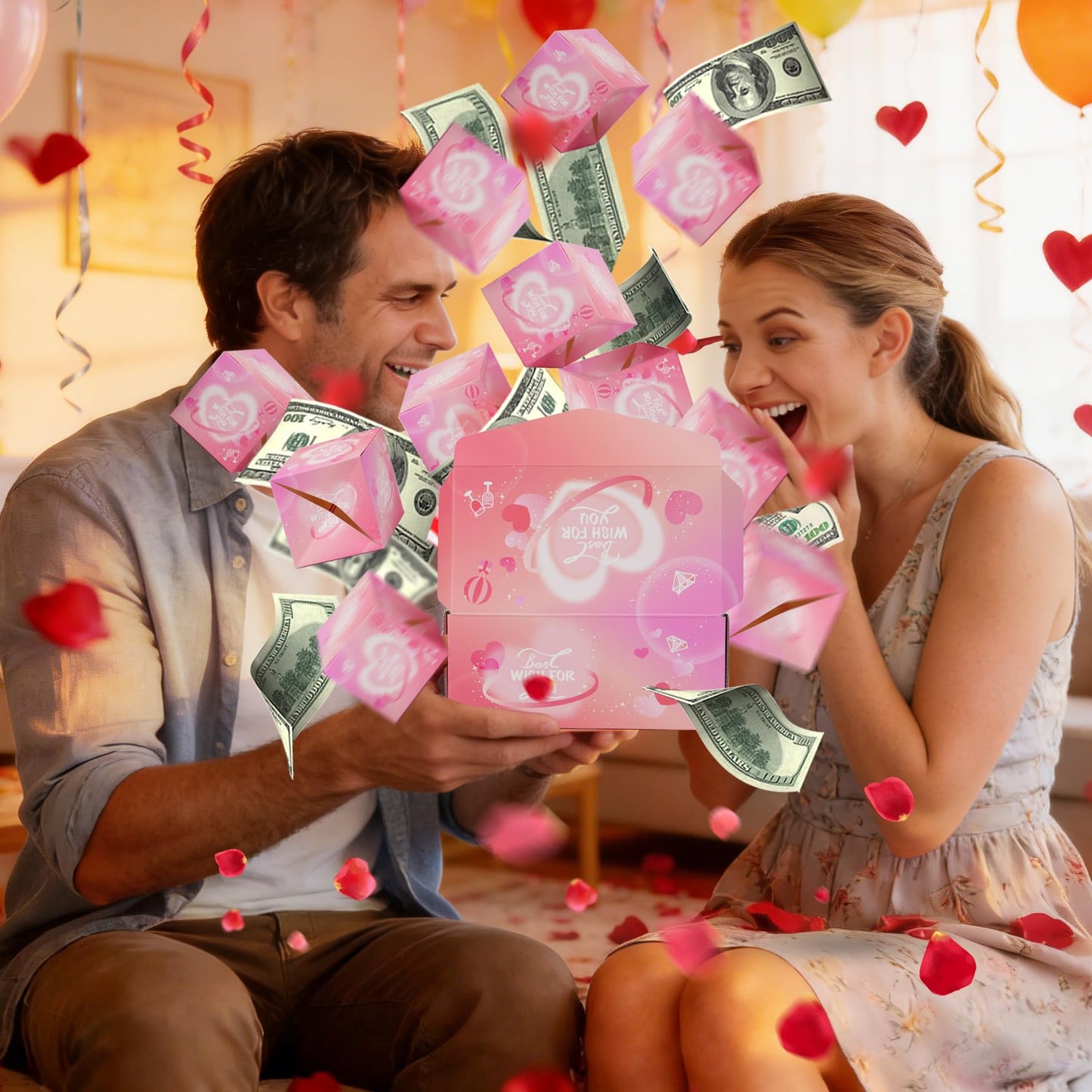 NefosLeuki Surprise Gift Box Explosion for Money,Valentines Pop-Up Explosion Gifts Box,Folding Bounce Box for Valentine's Day,Birthday,Anniversary(Pink-20 Bounces)