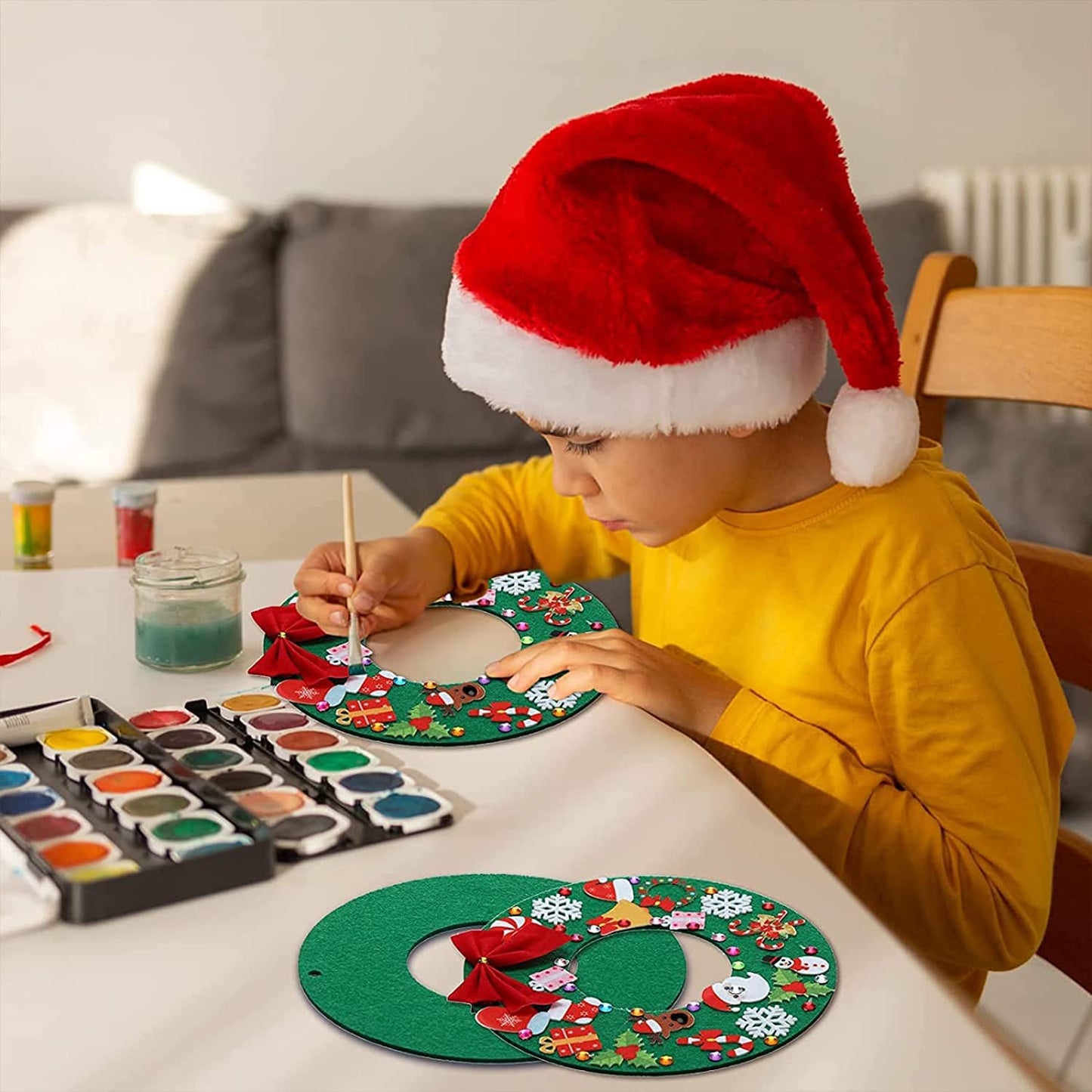Tatuo 12 Pcs Felt Christmas Tree Wreath Decorating Craft Christmas DIY Ornaments Making Kit with 221 Self Adhesive Felt Stickers 12 Bows and 5 Gem Stickers (Wreath Style)
