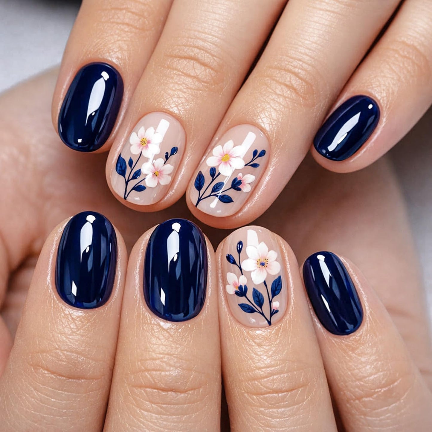 Flower Press on Nails Short Square Fake Nails Daisy Floral Full Cover False Nails, Blue Spring Glue on Nails Glossy Reusable Acrylic Stick on Nails for Women Nails Kit 24Pcs