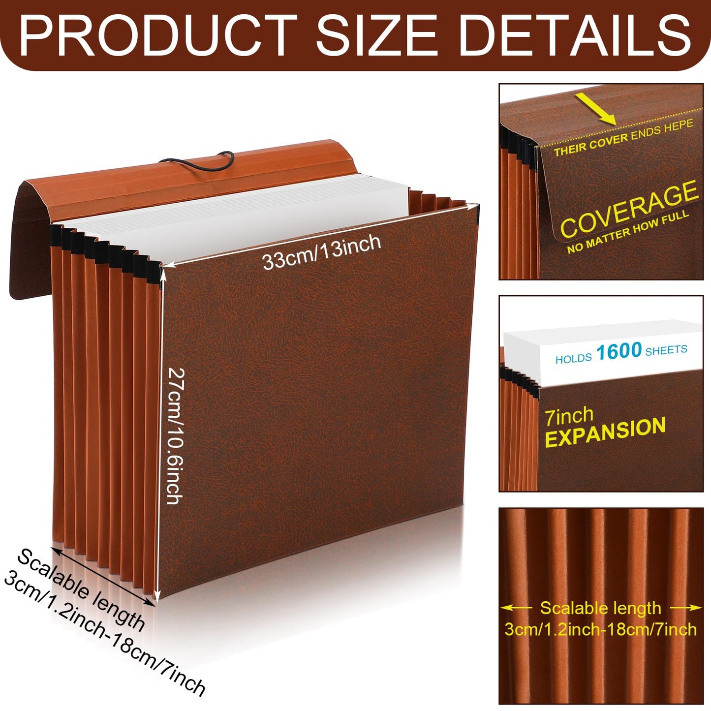 PerKoop 10 Pcs Expanding File Folder with Flap 7 Inch Expansion Expanding File Wallet with Elastic Cord Closure Letter Size Heavy Duty Document Organizer, 10 Slots, Brown