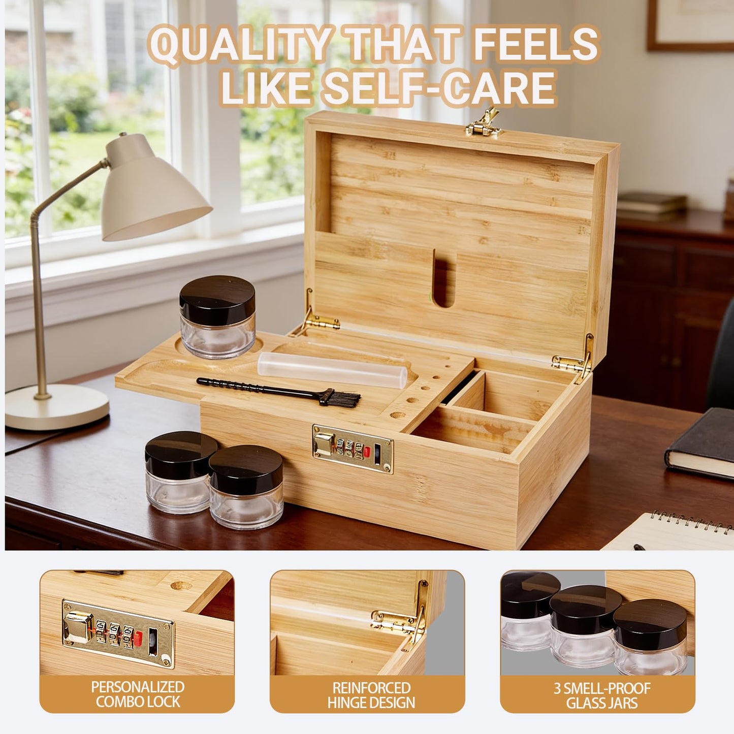 Bamboo Wood Desktop Organizer with 3 Glass Jars and Sliding Tray - Red Multi-Compartment Storage Case for Craft Supplies, Stationery, and Small Accessories (Natural wood colour)