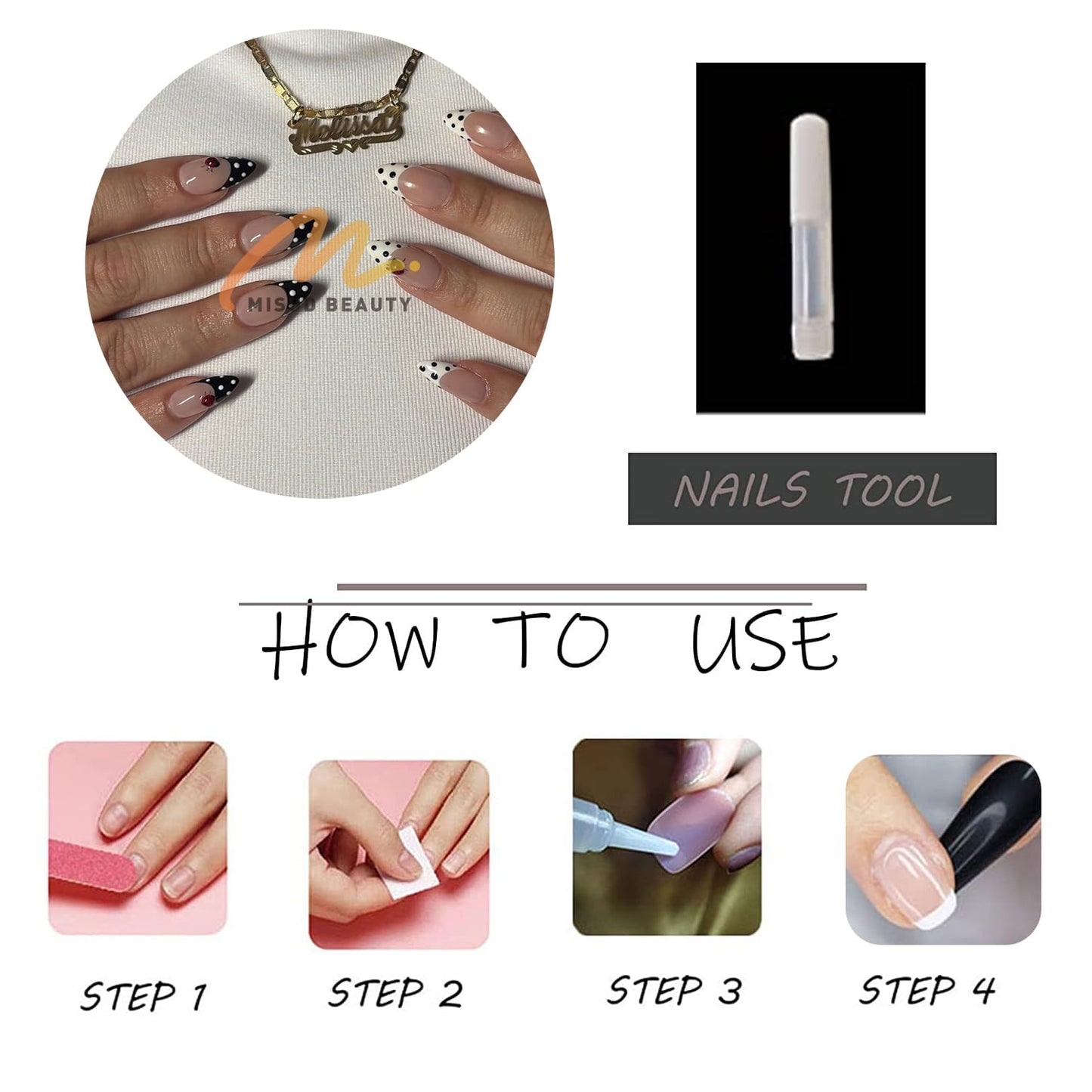 MISUD Press on Nails - Medium Almond Fake Nails with Black White Polka Dot, Acrylic Ladybug Design 24 pcs