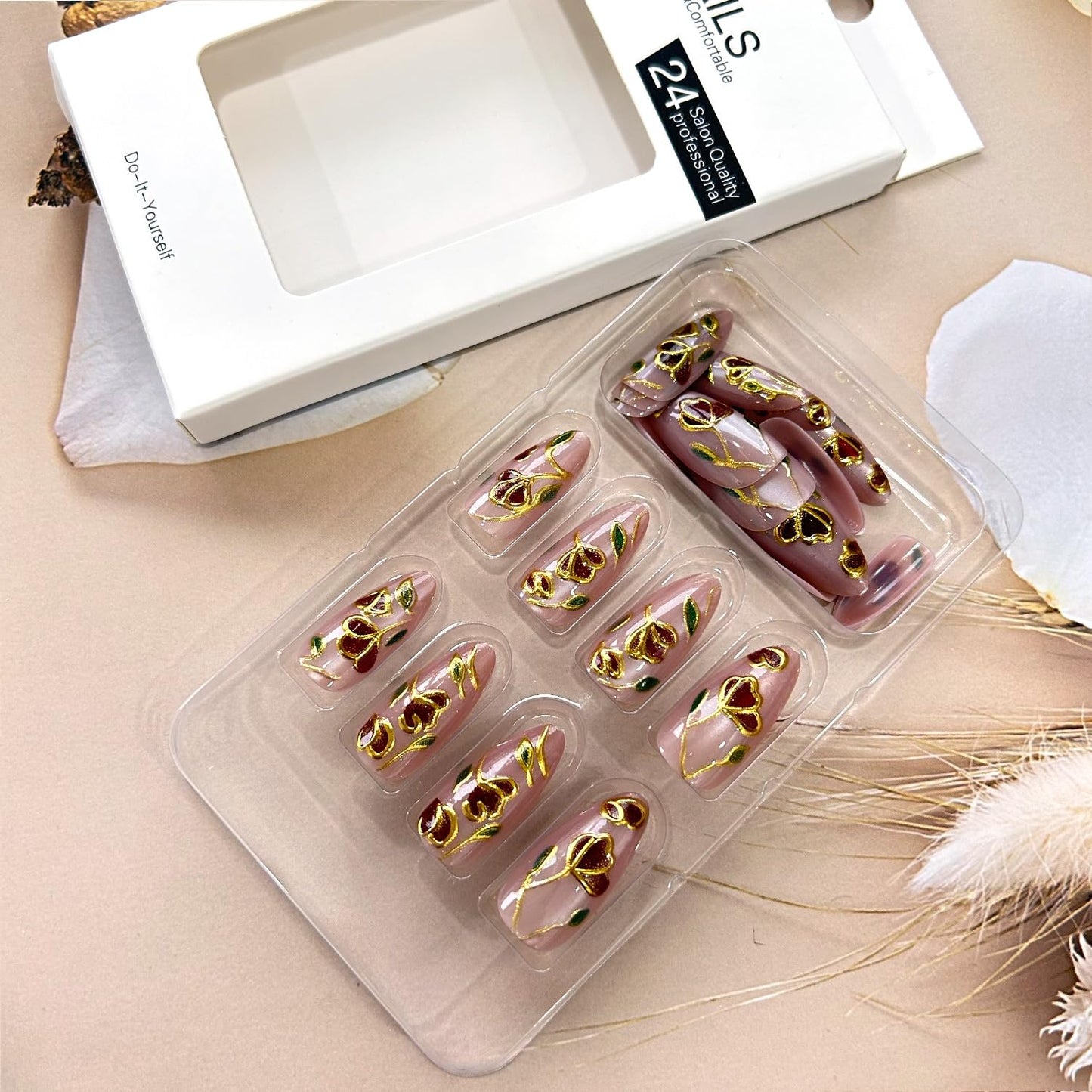 Flower Press on Nails Medium Length Red Floral Pattern Design Press Ons Fake Nail Full Cover Glossy Almond Tip Stick on Nail Acrylic Artificail Fingernails Reusable DIY Glue on Nails for Women 24Pcs