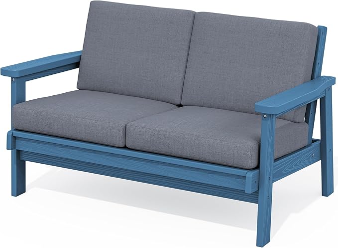 SERWALL HDPE Outdoor Patio Loveseat, Blue Frame and Grey Cushion