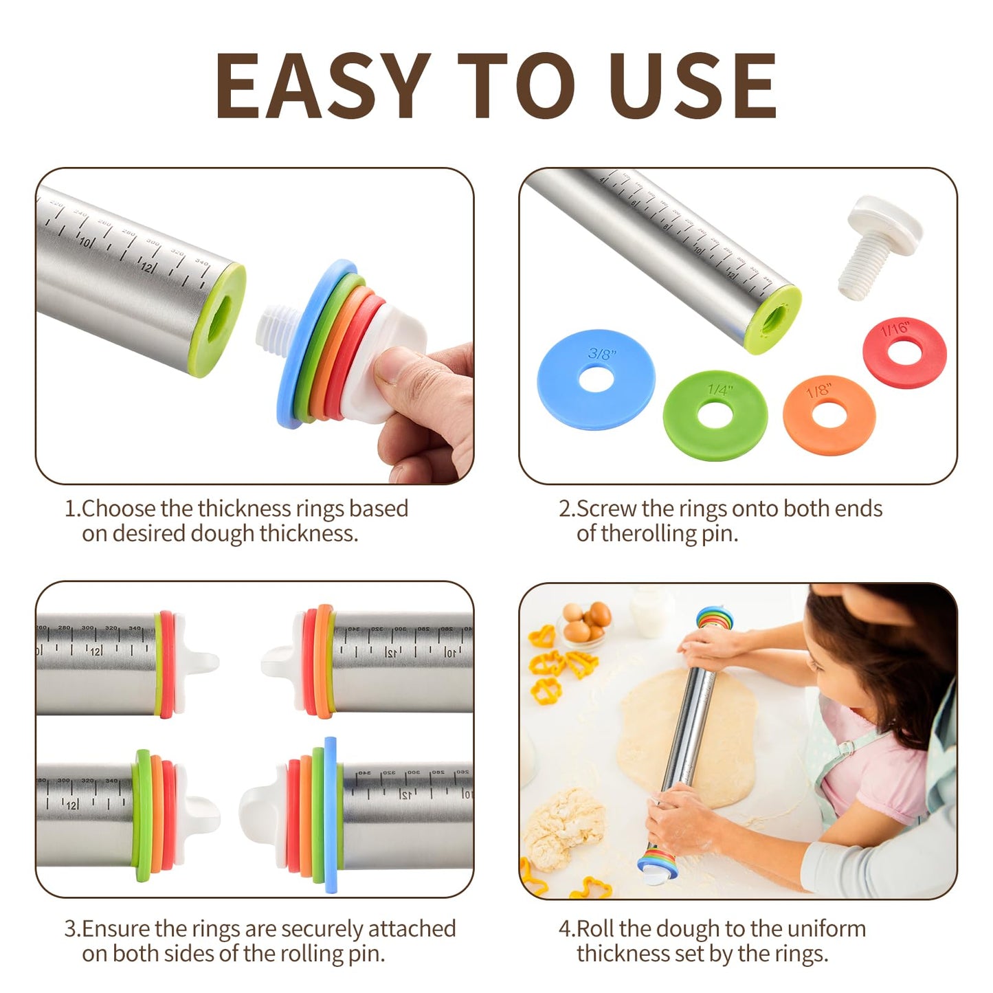 Adjustable Rolling Pin for Baking, with Thickness Rings Stainless Steel Dough Roller Pins for Pasta, Pizza, Pie Crust, Pastry and Cookie Making