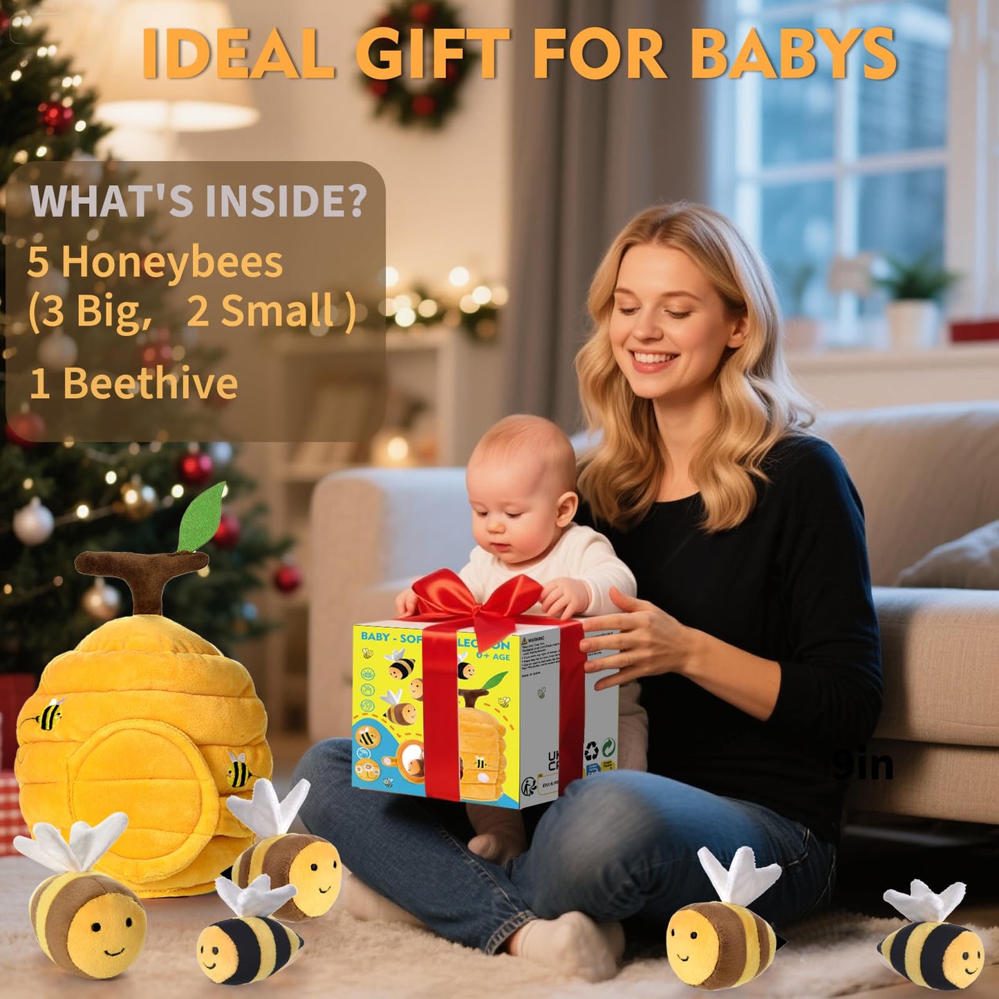 Alsatic Baby Toys for 1 Year Old, Soft Beehive with 5 Stuffed Bees, Crinkle, Rattle, Mirror, Montessori Toys for One Year Old Birthday Gift for 12-18 Months Baby Easter Basket Stuffers