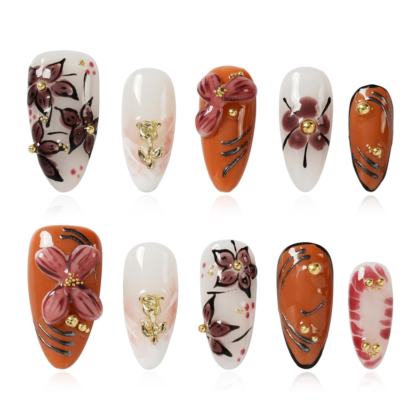 Tesytto Almond Press on Nails Handmade - 3D White Flower & Caramel Orange Glossy Design, Luxury Embossed Reusable False Nails for Daily Wear(Orange Pink Flower Glaze, M)