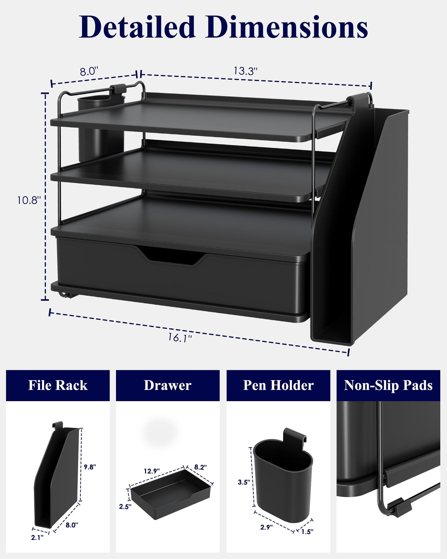 Kitsure Desk Organizer - 4-Tier Office Desk Accessories with Drawer ＆ Pen Holder, Tool-Free Assembly Organizer with Non-Slip Pads, for Office Supplies Storage, Plastic, 13.3" x 8.0" x 10.8", Black