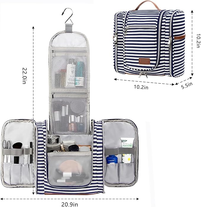 Pearl Angeli Hanging Toiletry Bag for Women, Large Makeup Cosmetic Bag, Water Resistant Toiletries Travel Essentials Organizer, Full-size Container, Navy-striped