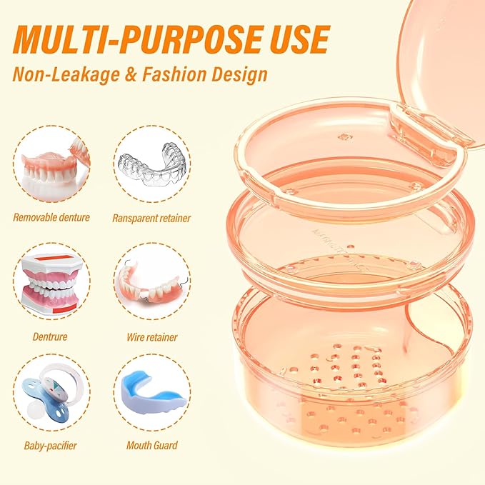 Denture Case, 2PCS Retainer Case with Strainer Basket, 2 in 1 Denture Bath Case No-Leak Retainer Cleaner Case, Retainer Holder for Travel, Mouth Guard Case for Dentures, Clear Braces, Night Guard