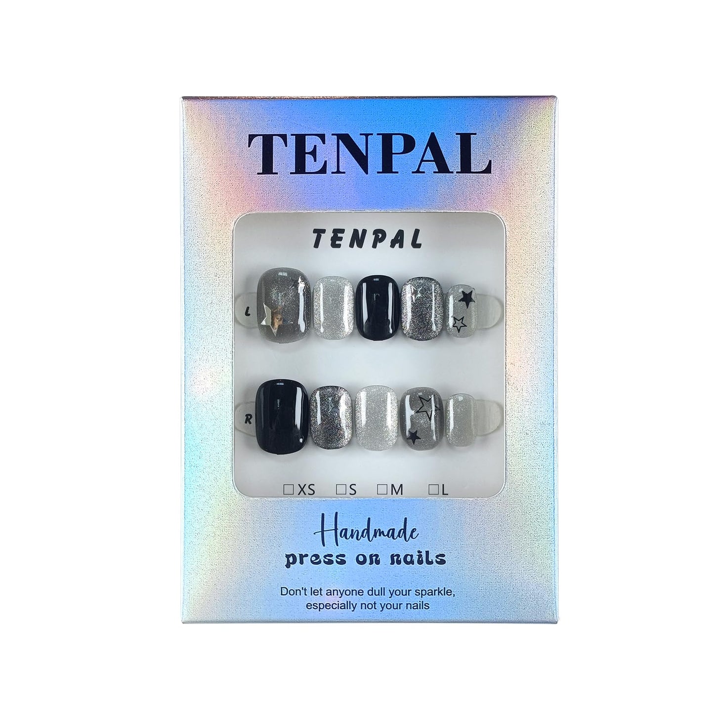 TENPAL Glitter Cat Eye Press On Nails 10 Pcs with Tools Kit - Handmade Black Grey Starry Sparkle Glue on Nails, Glossy Short Square Edgy Sweet False Nails,Reusable Fake Nails for Date Night Party(XS)