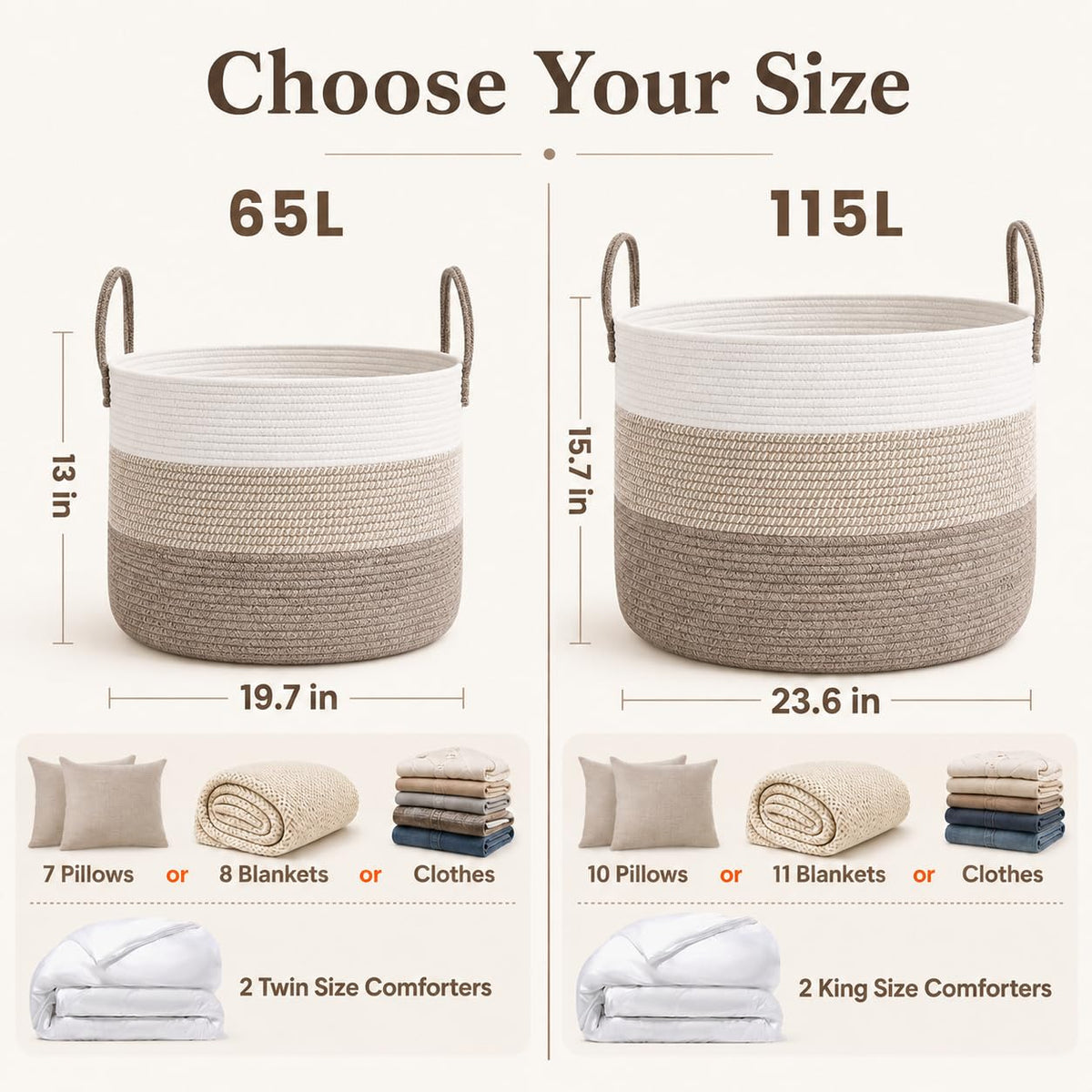 65L Extra Large Machine Washable Cotton Rope Blanket Basket