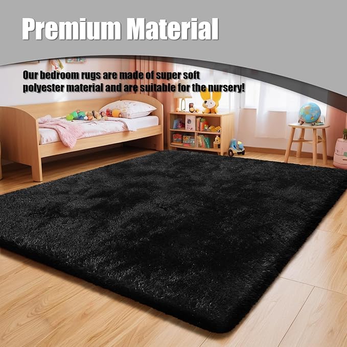 9x12 Fluffy Area Rugs for Living Room,Large Fuzzy Shag Area Rug for Bedroom,Black Soft Non-Shedding Indoor Plush Carpet for Kids Bedroom Nursery Home Decor