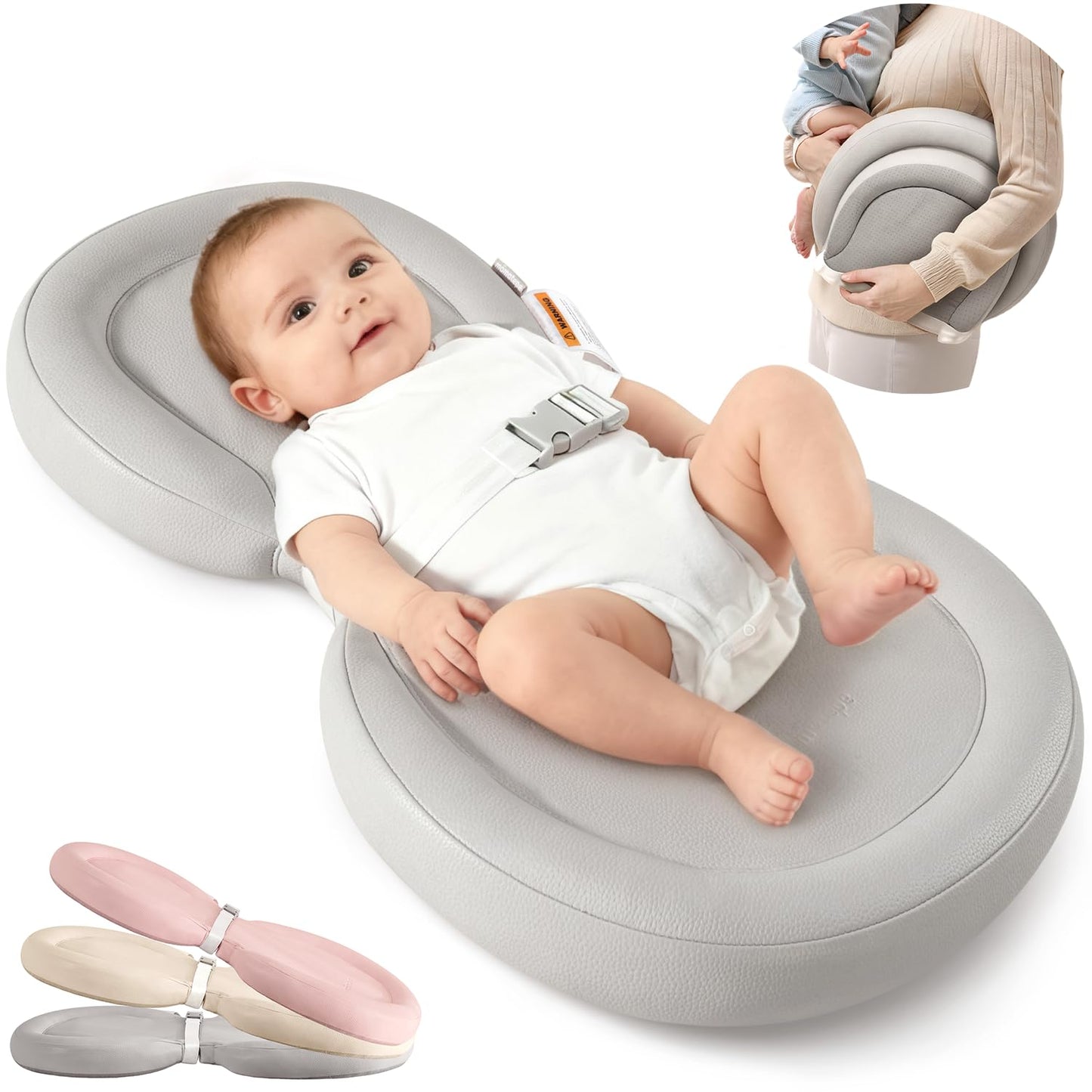 Waterproof Peanut Baby Changing Pad, Foldable Travel On-the-Go for Dresser & Changing Table, Wipe-Clean PU Diaper Pad with Non-Slip & Adjustable Safety Belt, 24"x16", Gray