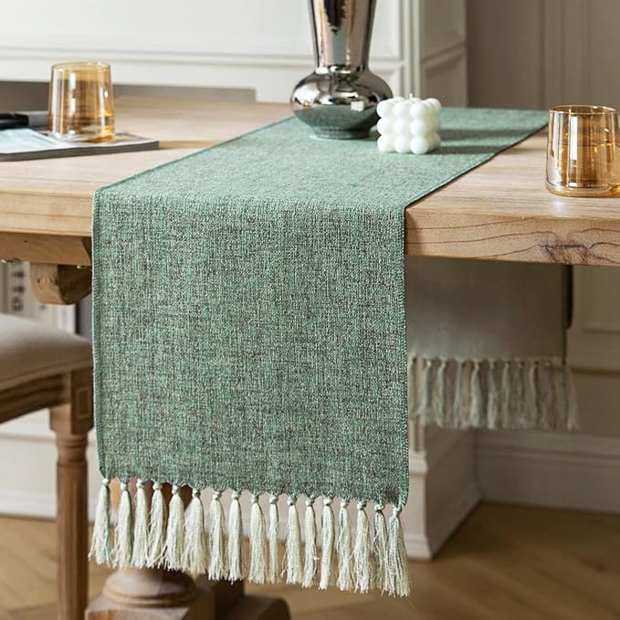 ZeeMart Green Table Runners 36 Inches Long, Burlap Linen Style Rustic Farmhouse Table Runner, Small Short Boho Coffee Table Runner, 13x36 Inches, Mineral Green