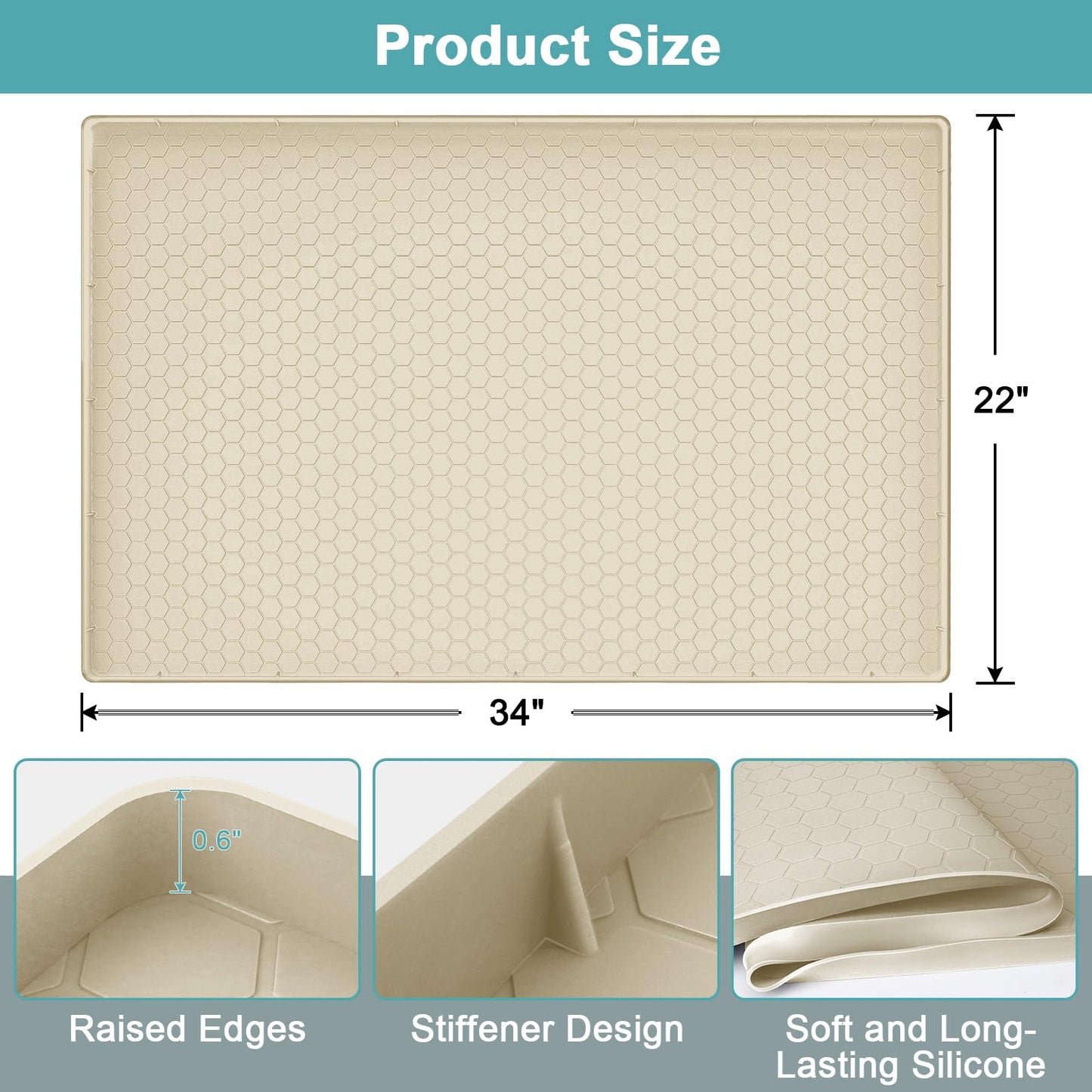 Under Kitchen Sink Mats and Protectors Waterproof, Silicone Under Sink Mat for 34" x 22" Cabinets, Under Sink Tray Organizer, Shelf Liner Cabinet Liner for Kitchen and Bathroom, Beige