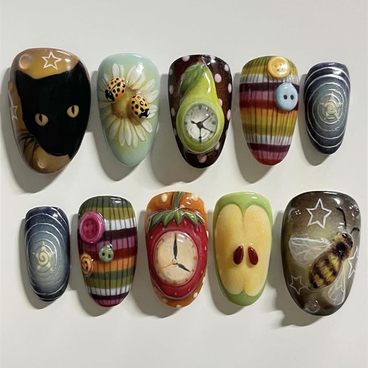 IMRAIN Press on Nails Medium Almond Fake Nails Glossy Acrylic False Nails with Cute Pattern Design Y2K Glue Stick on Nails for Women Girls 24Pcs