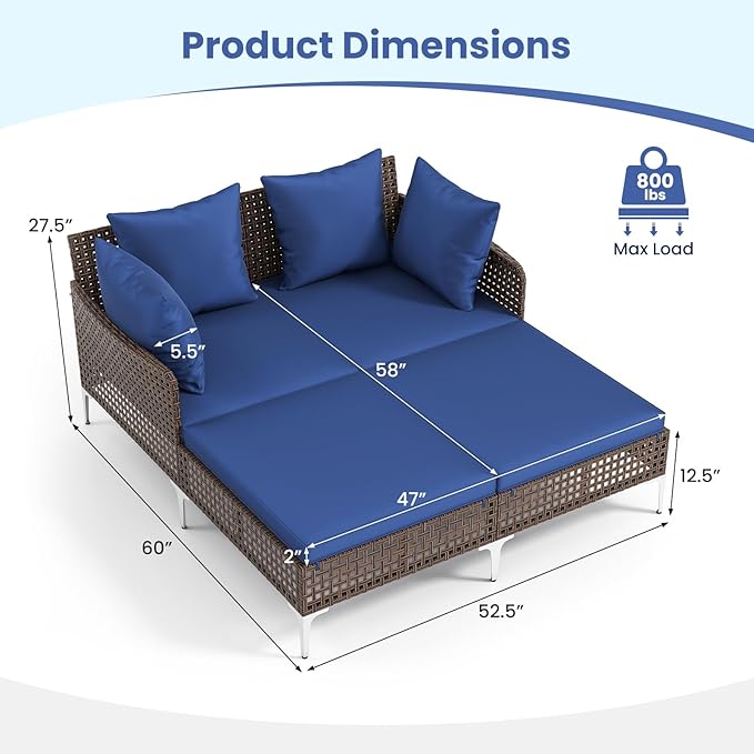 Tangkula Outdoor Rattan Double Daybed, Boho Wicker Chaise Lounge for 2 with Seat & Back Cushions, Outdoor Sunbed Loveseat with Metal Support for Backyard, Poolside & Deck (Navy)