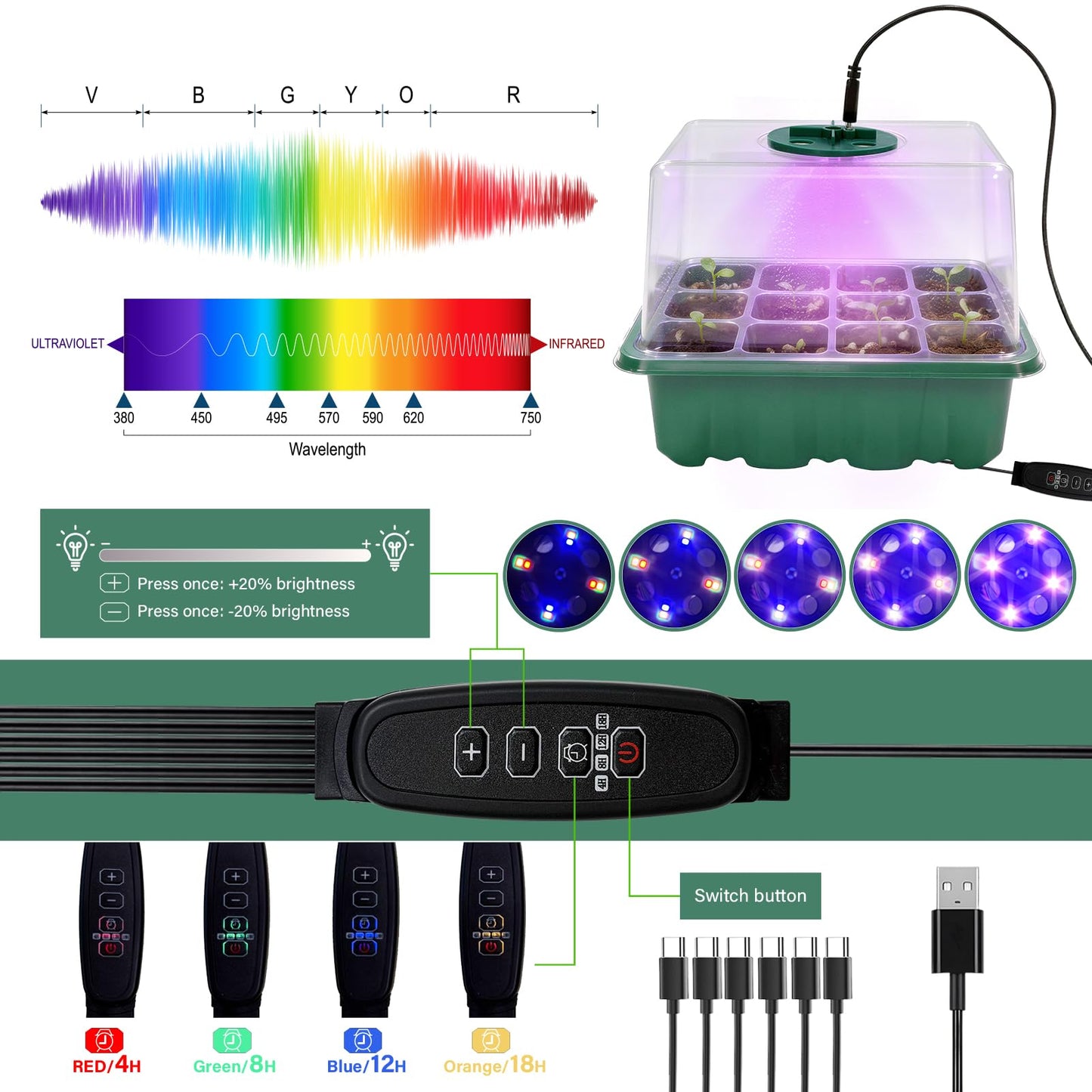 Bhyhok 6 Pack Seed Starter Kit with Grow Light 72 Cells Plant Starter Trays with 3.9 Inch Adjustable Humidity Dome Reusable Indoor Plant Germination Tray for Gardening