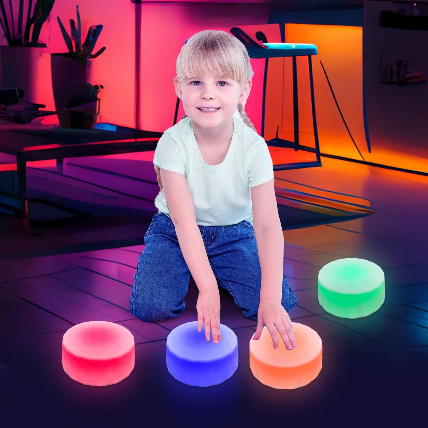 Onyoloy Kids Light Up Stepping Stones - 6 Non-Slip Stepping Stones, Each with 7 LED Light Colors, Indoor Obstacle Training Balance Stepping Stone Toys for Kids Ages 3 and Up.