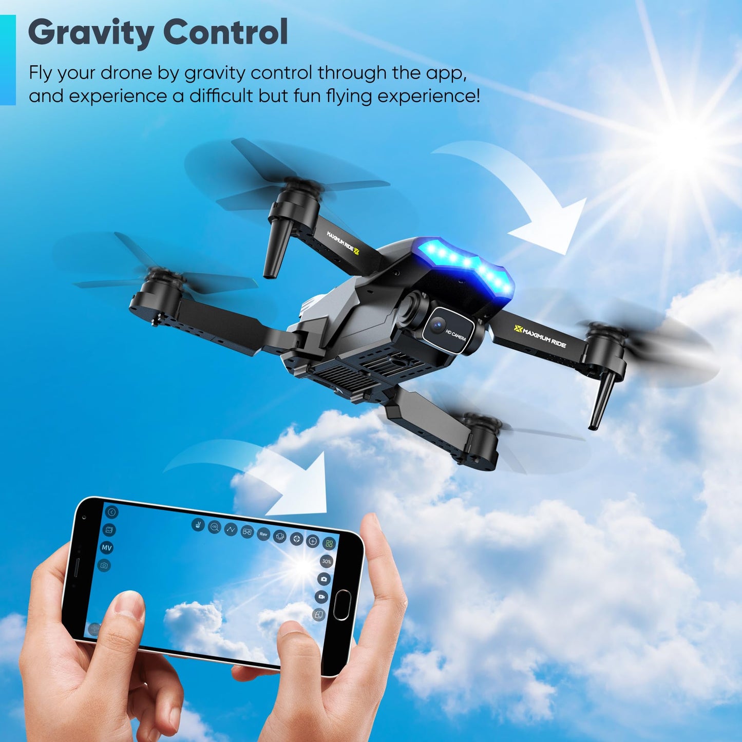 Flymevac Drone with Camera, Dual 720HD, Drone for Kids with Cool Lights, Gestures Control, Vertical Shooting, Waypoint Flight, Gravity Control, 3D Flip, 3-Speeds, Drones for Adults, Beginners, Kids