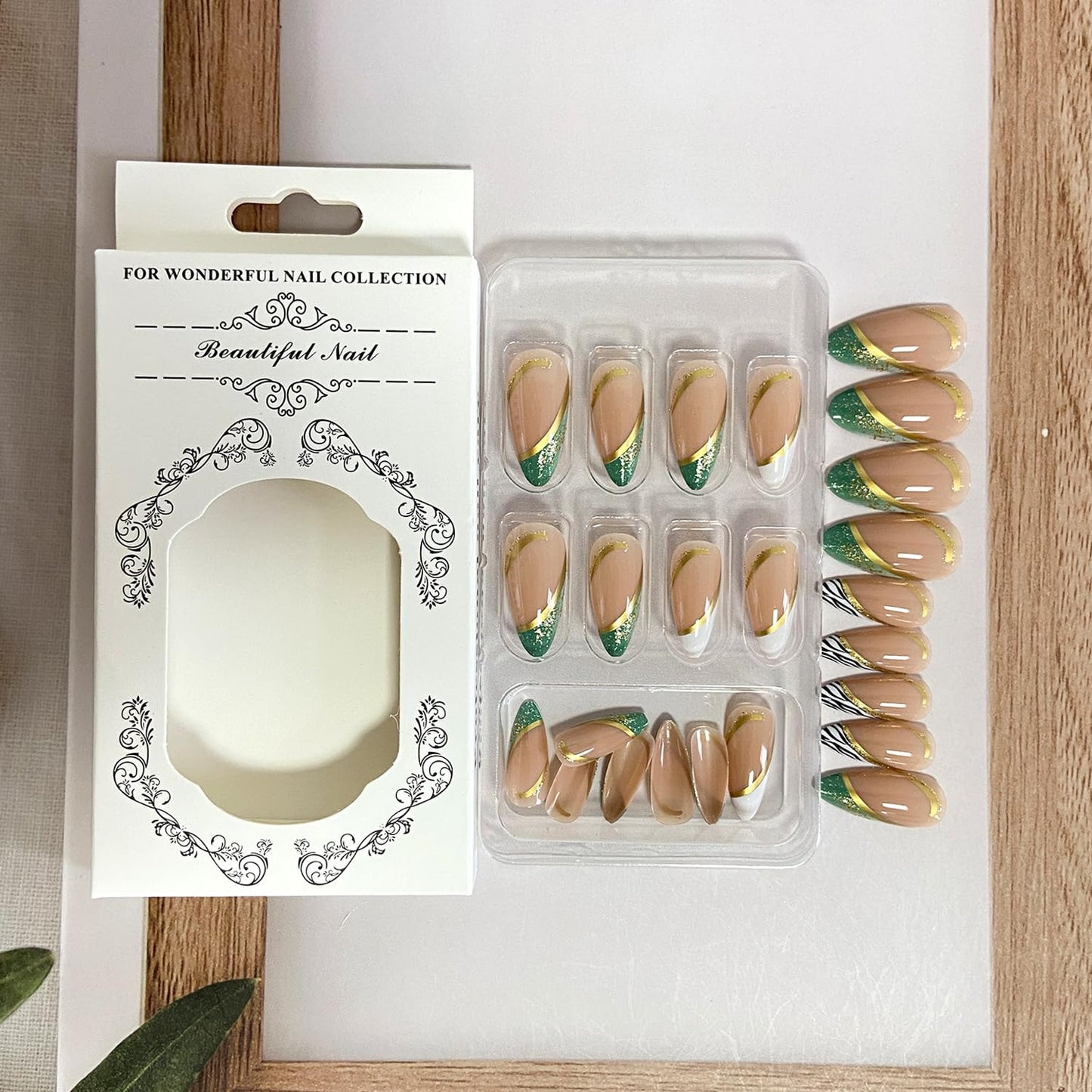 French Tip Press on Nails Medium Almond Fake Nails Nude Full Cover False Nails With Gold Line Glitter Designs Nail Tip Green White Zebra Print Stick on Nails Acrylic Artificial Nails for Women 24Pcs