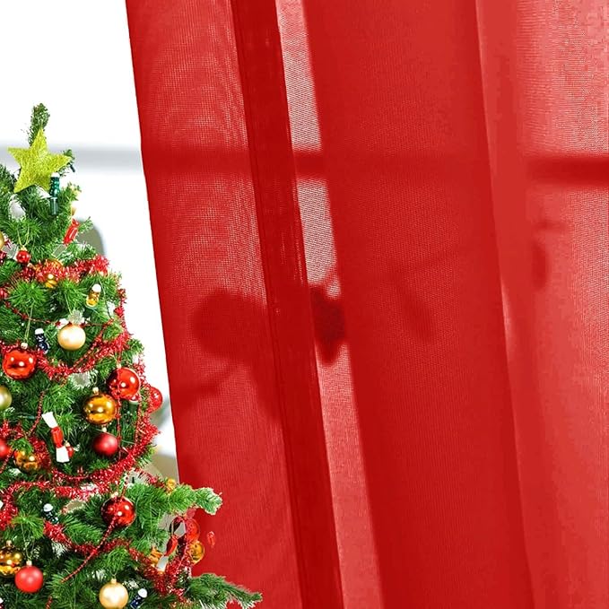 SpaceDresser Basic Rod Pocket Sheer Voile Window Curtain Panels Red 1 Pair 2 Panels 26 Width 30 Inch Long for Kitchen Bedroom Children Living Room Yard（Red，26Wx 30L）