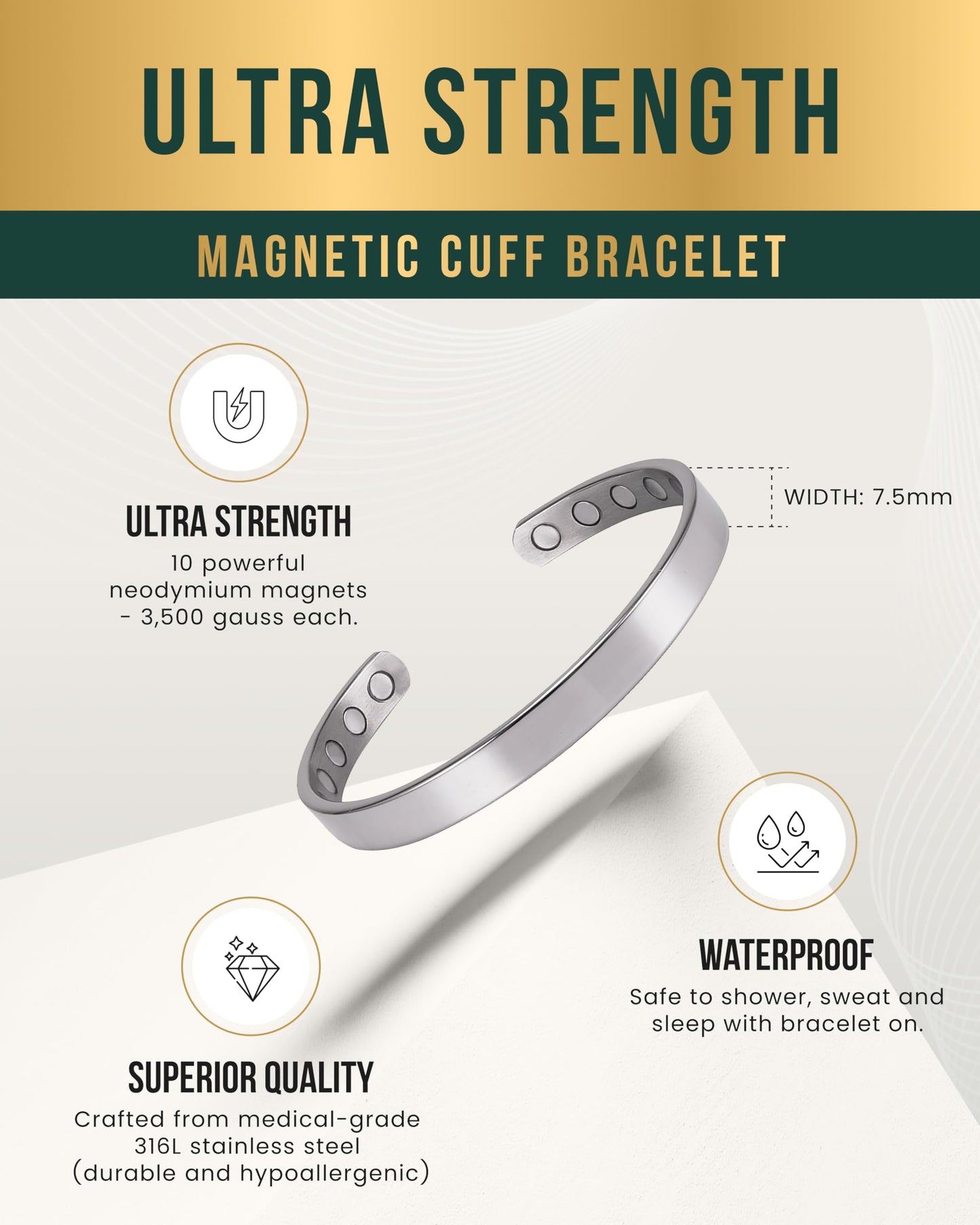 MagnetRX® Magnetic Bracelets for Men - Elegant Bangle, Golf/Tennis Elbow & Balance - Men’s Cuff Magnetic Bracelet (Polished Silver | Large)