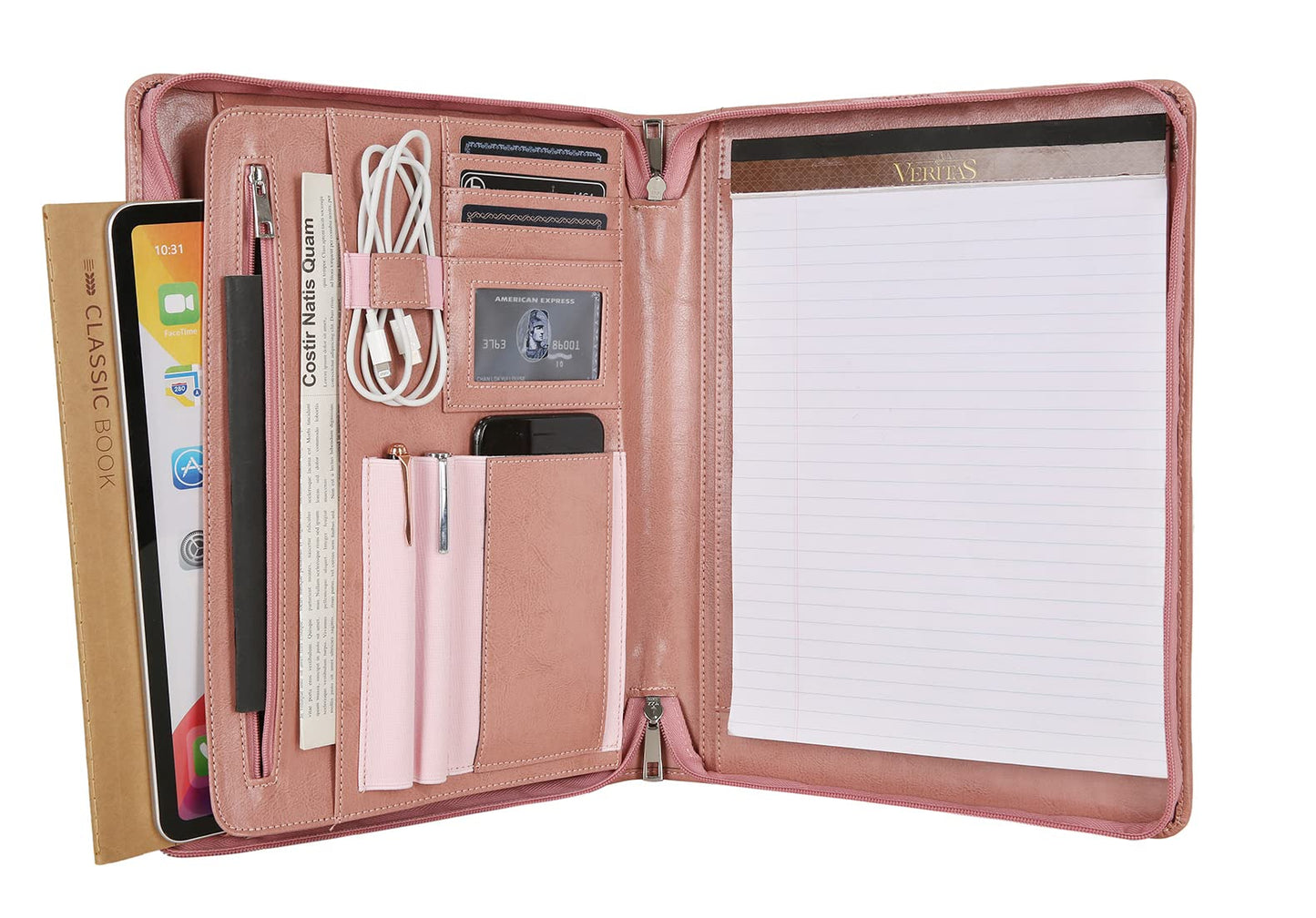 Padfolio for Women, Pink Leather Portfolio with Zipper, Vegan Leather Business Portfolio Organizer with A4 Writing Pad Holder for Resume, Interview, Meeting, Non-Custom