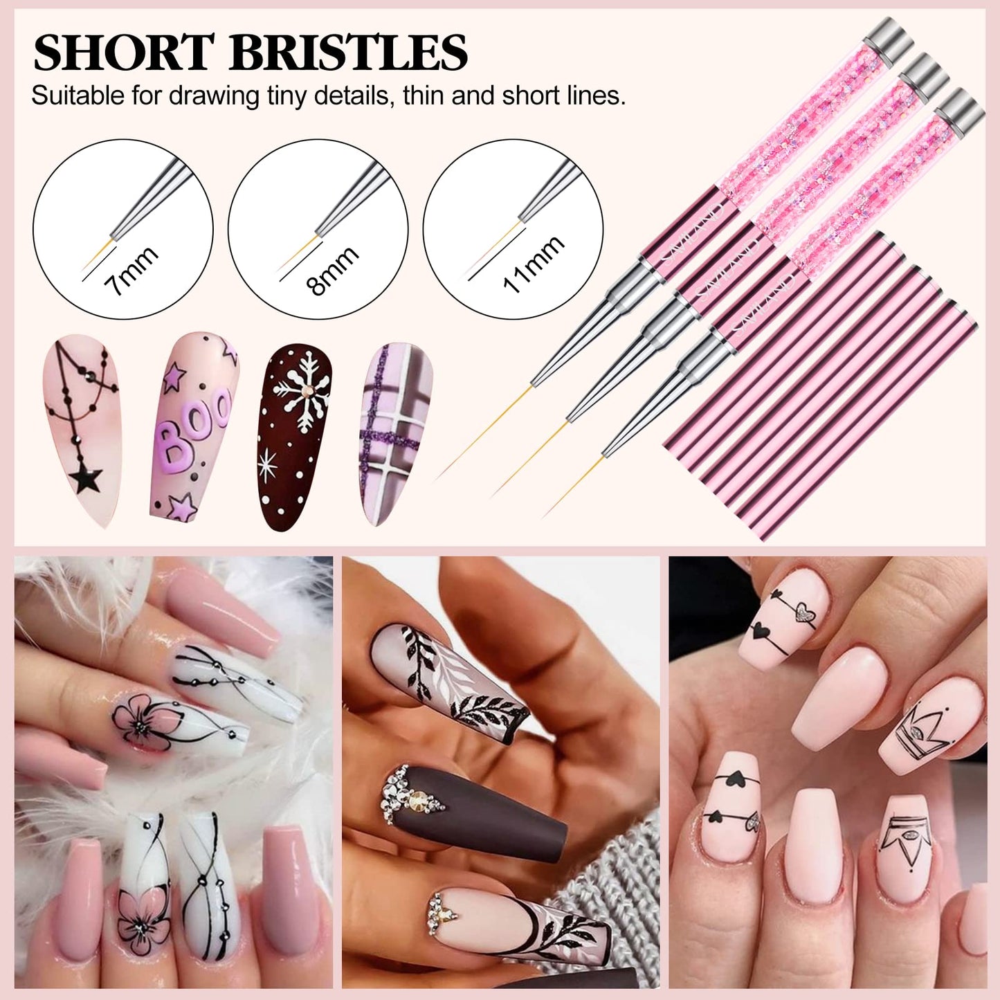 SAVILAND 6pcs Nail Art Liner Brushes Set: Nail Brush Gel Polish Painting Nail Art Design Brushes Pen with Crushed Diamond Rhinestone Handle for Pulling Lines,Sizes 7/9/11/13/17/23 mm