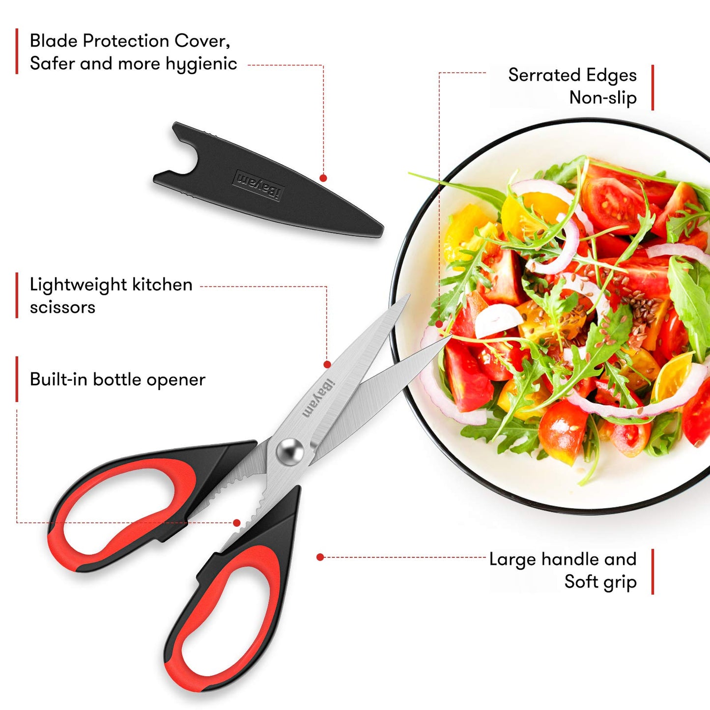 iBayam Kitchen Scissors All Purpose Heavy Duty 2 Pack with Protective Sheath, Stainless Steel Shears Kitchen Utensils Set for Cutting Food Cooking Meat Poultry Dishwasher Safe Soft Comfort-Grip