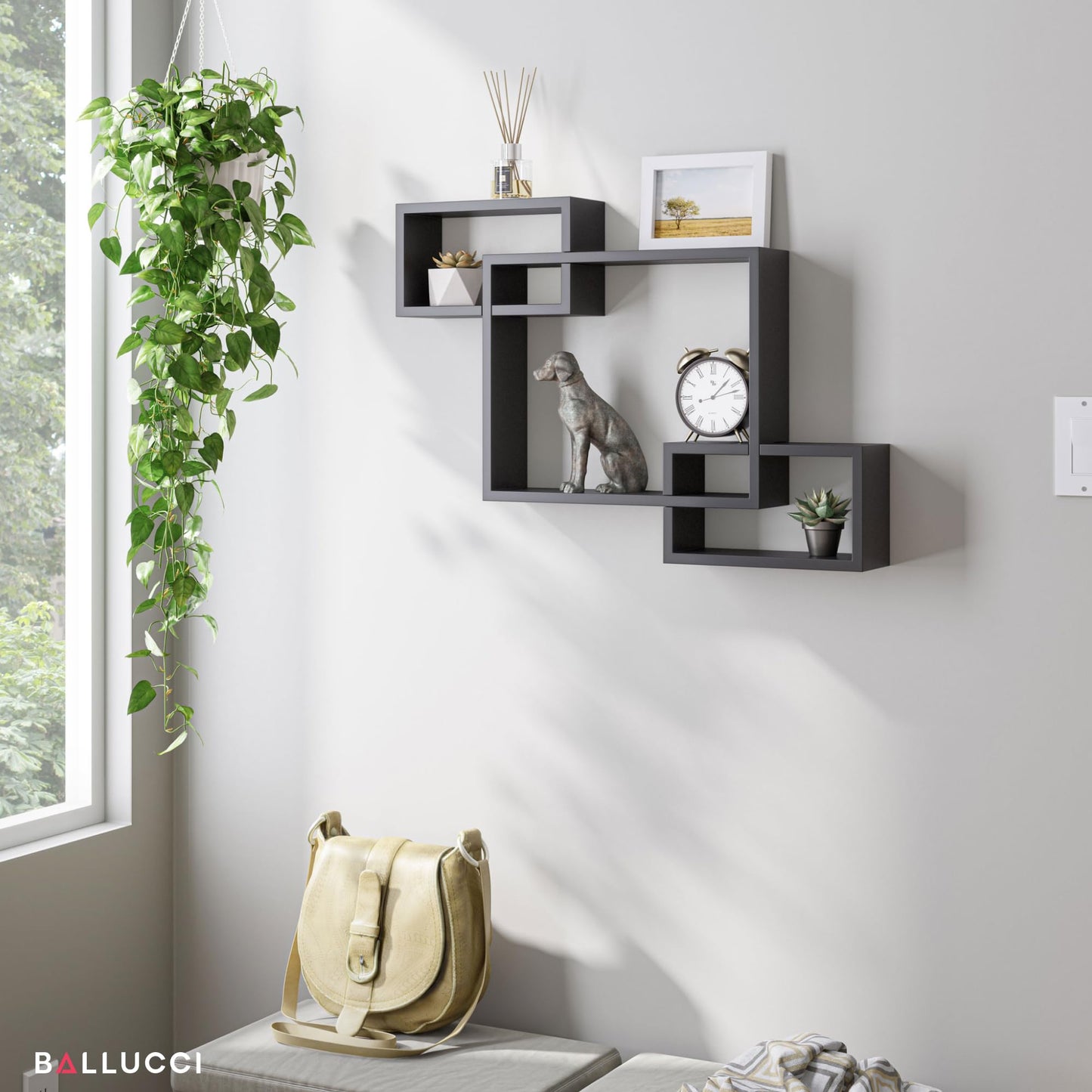 Ballucci Wooden Interweave Floating Wall Mounted Shelves, Horizontal and Vertical Display Storage Shelf for Living Room Bedroom Entryway Hallway Bathroom, 26" x 18", Black