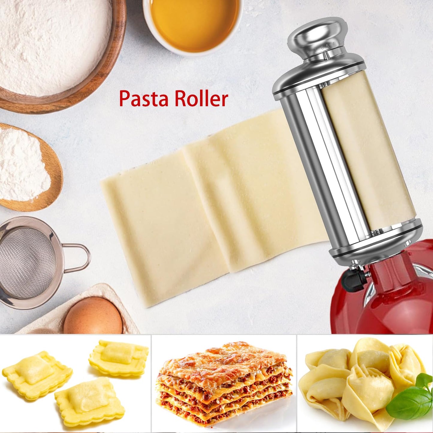 Pasta Maker Attachment for All Kitchenaid Stand Mixers, 3 PCS Kitchen Aid Pasta Attachments Included Pasta Dough Roller, Fettuccine Cutter, Spaghetti Cutter and Cleaning Brush