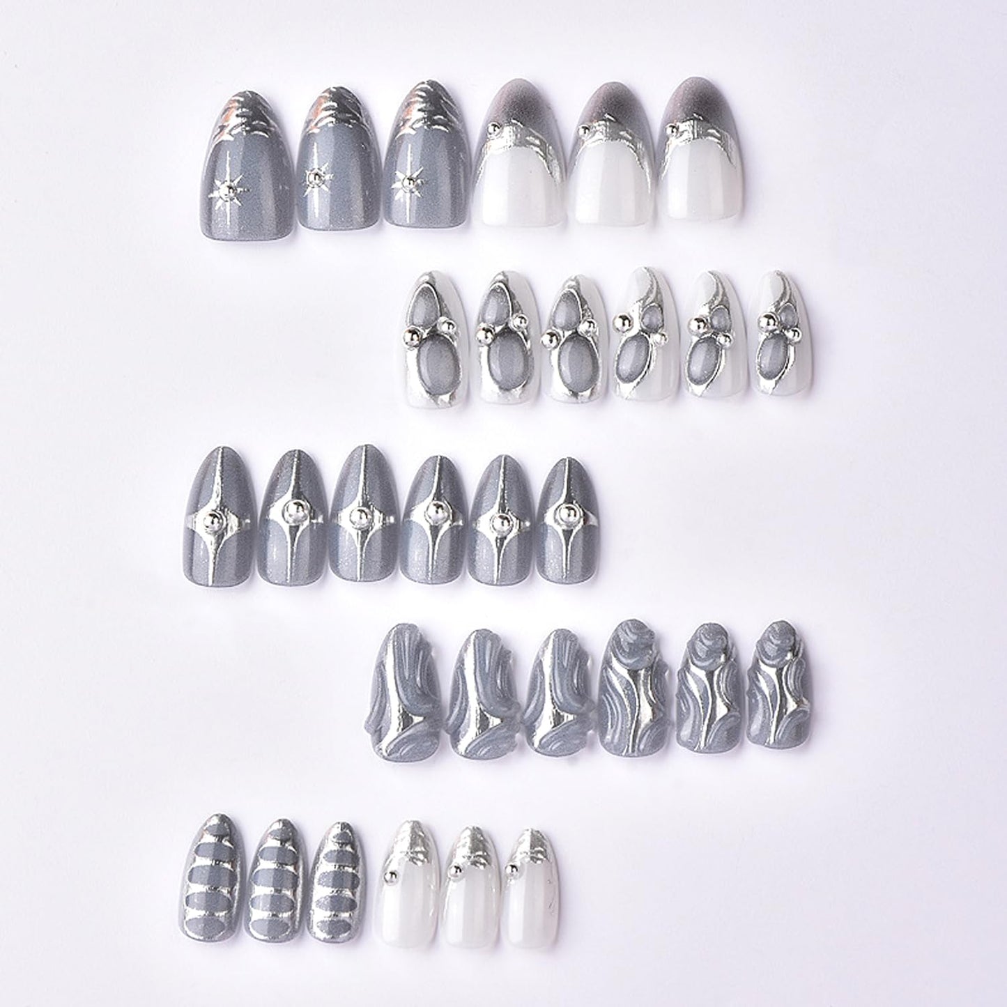 30Pcs Silver French Tip Press on Nails Medium Almond Fake Nails with 3D Beads & Silver Star Irregular Designs Dark Grey Acrylic Nail Tips Gothic Full Cover Glue on for Women DIY Manicure Decorations