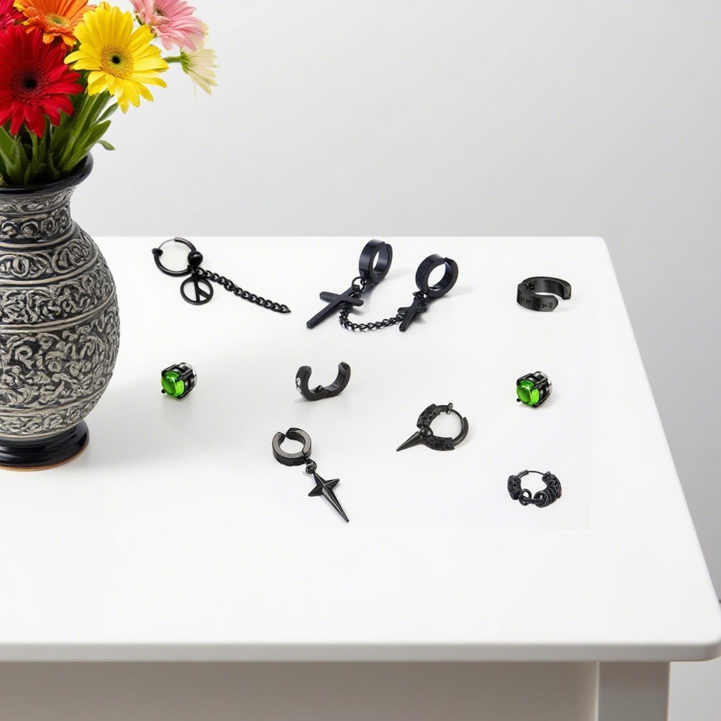 14 Pcs Black Gothic Viking Non Pierced Cross Sword Spike Awl Peace Dangle Chain Clip on Hoop Earrings Set for Unisex Fake Piercing CZ Earrings
