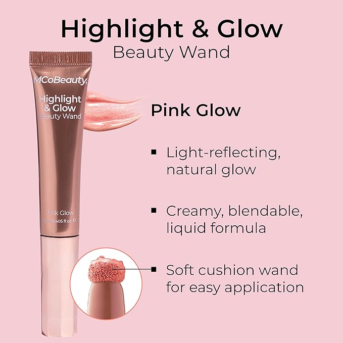 MCoBeauty - Highlight and Glow Beauty Wand - Buildable Liquid Highlighter - Radiant Pink Shade - Soft Pink with Cushion Applicator for Soft, Radiant Finish - Highlighters Makeup