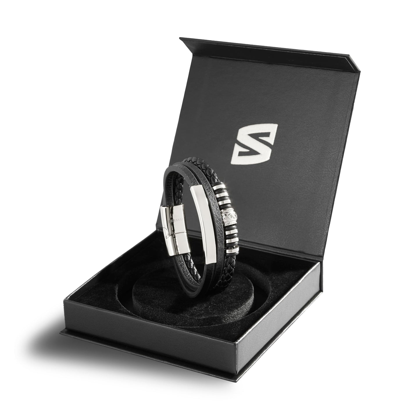 SERASAR Mens Silver Bracelets 17cm Bracelet Men Gift Box Genuine Leather Cowhide Braided Magnetic Clasp Multi Layer Wrap Rope Man Mans Male Band Jewelry Magnet Accessories