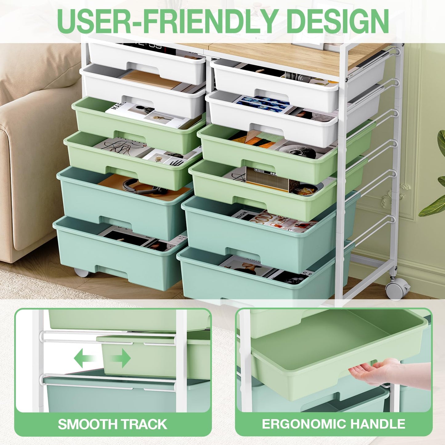 Rolling Storage Cart with 12 Drawers, Wooden Tabletop Utility Cart for Craft Storage, Art Supply Storage & Home Office Organization, Teacher Cart with Wheels for Classroom Organization, School (Green)