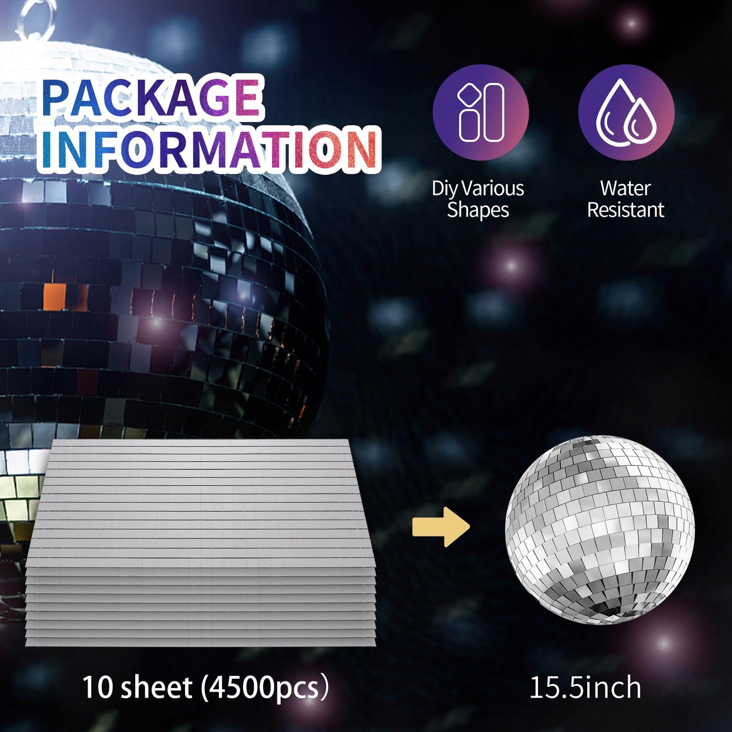 Mosaic Tiles, 10 x 10 mm 4500 PCS Self-Adhesive Disco Tiles, Silver Square Disco Ball Stickers for DIY Craft Party Decoration