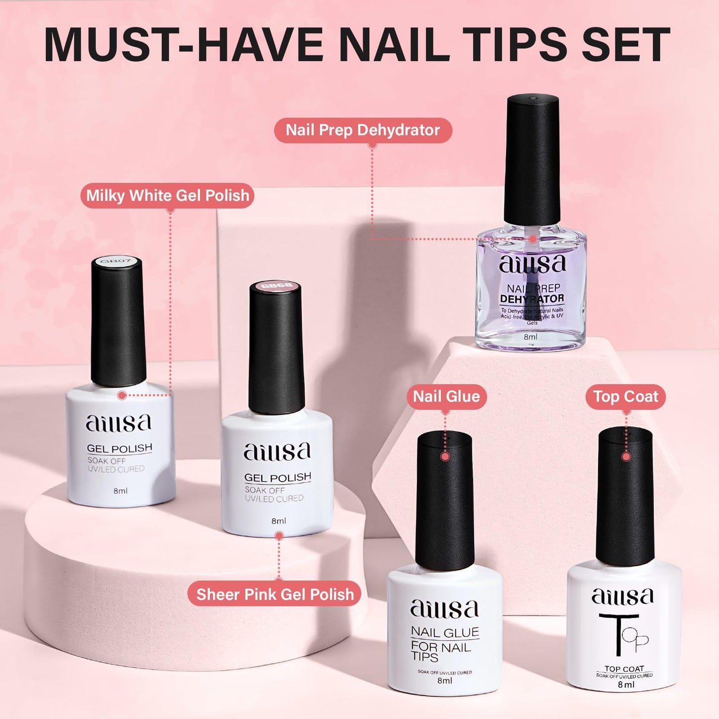 AILLSA Almond Nail Kit with U V Lamp 240pcs Short Gel Nail Tips and Glue Gel Kit with 2 in 1 Nail Glue Base Top Coat and Nail Dehydrator for Beginners DIY Home Salon